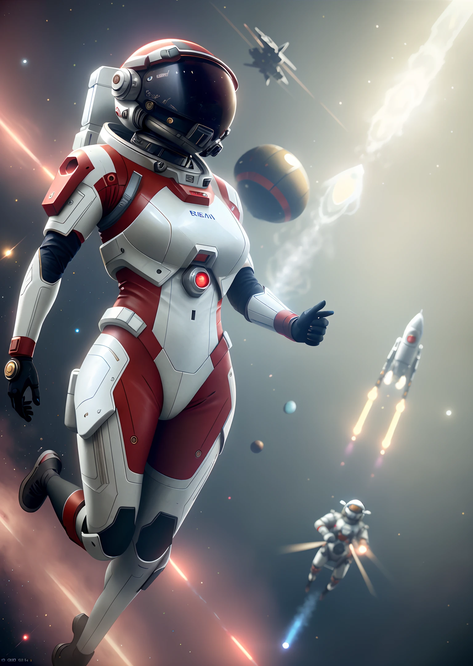 Very detailed RAW color photographs, (female astronaut in a red and white spacesuit, floating pose, arms and legs slack, futuristic helmet, mask, respirator), suspended in space, space, (science fiction), (two satellites), (very detailed, complex), (halo: 0.7), particle effects, ray tracing, cinematic lighting, depth perspective, Sony lens, A9 II, 24 mm wide-angle lens, sharp lens focus, sharp focus, movie stills