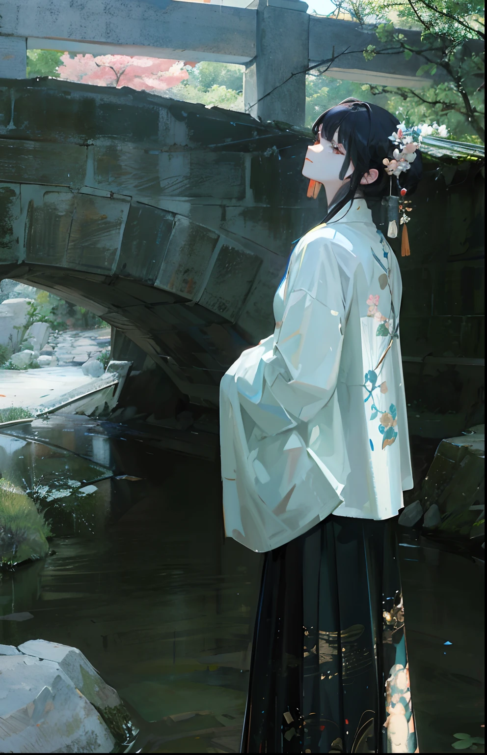 A breathtaking masterpiece unfolds under the bridge, featuring a stunning beauty adorned in traditional Chinese attire exuding poise and grace, with exquisitely detailed facial features captured from a picturesque side angle.超细节