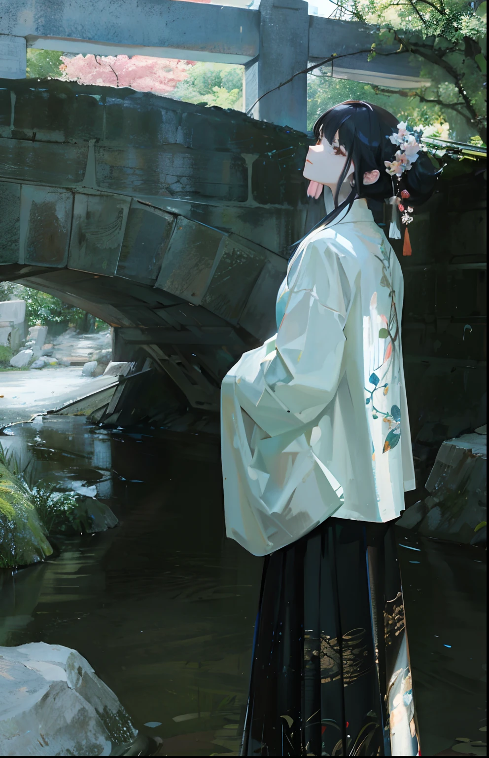 A breathtaking masterpiece unfolds under the bridge, featuring a stunning beauty adorned in traditional Chinese attire exuding poise and grace, with exquisitely detailed facial features captured from a picturesque side angle.超细节