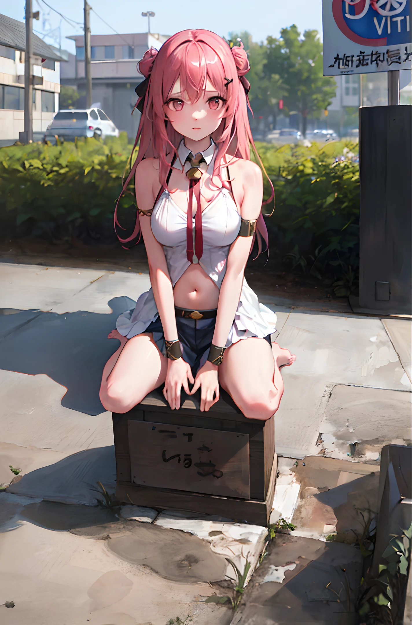 (masterpiece, best quality, 1girl, solo, intricate details, chromatic aberration), realistic,((breath)),long hair, pink hair,(((sign around neck))), wariza,nude,outdoors, cleavage, navel,blush,completely nude, (v-arms ),sideboob,barefoot, neck bell, tears,crowd,people,street,shibuya \(tokyo\), large breasts, (hand between legs) ,