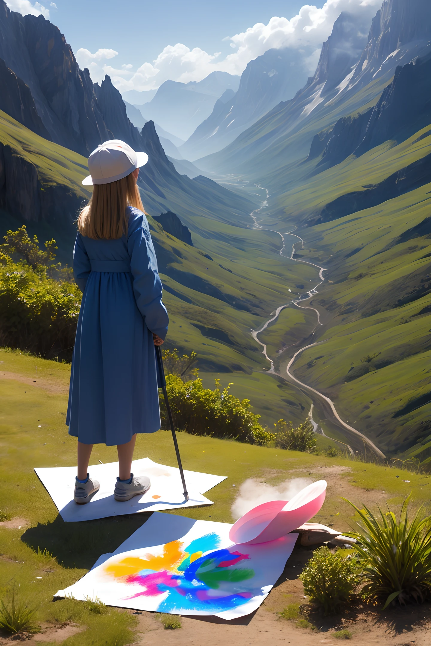 Masterpiece, best quality, 1 girl, air painting in the mountains, more childlike fun