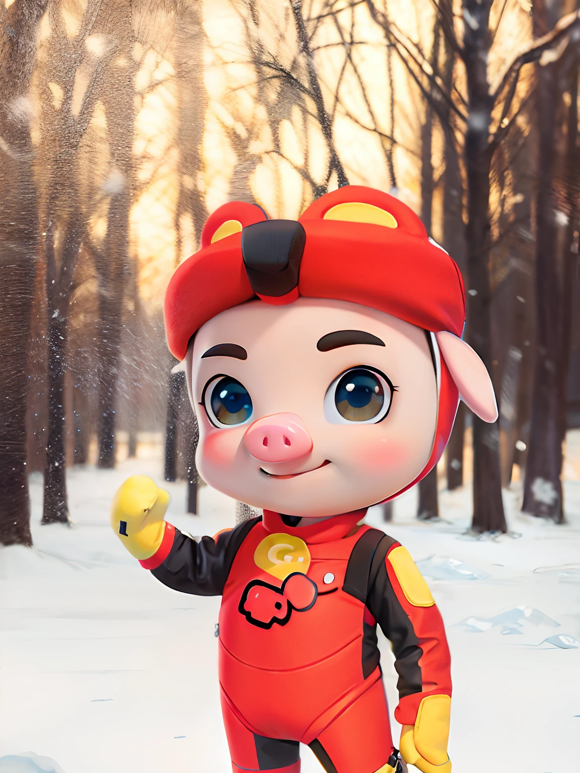 Cartoon style (GG Bond) pig's nose, snowy field, forest, smile, man