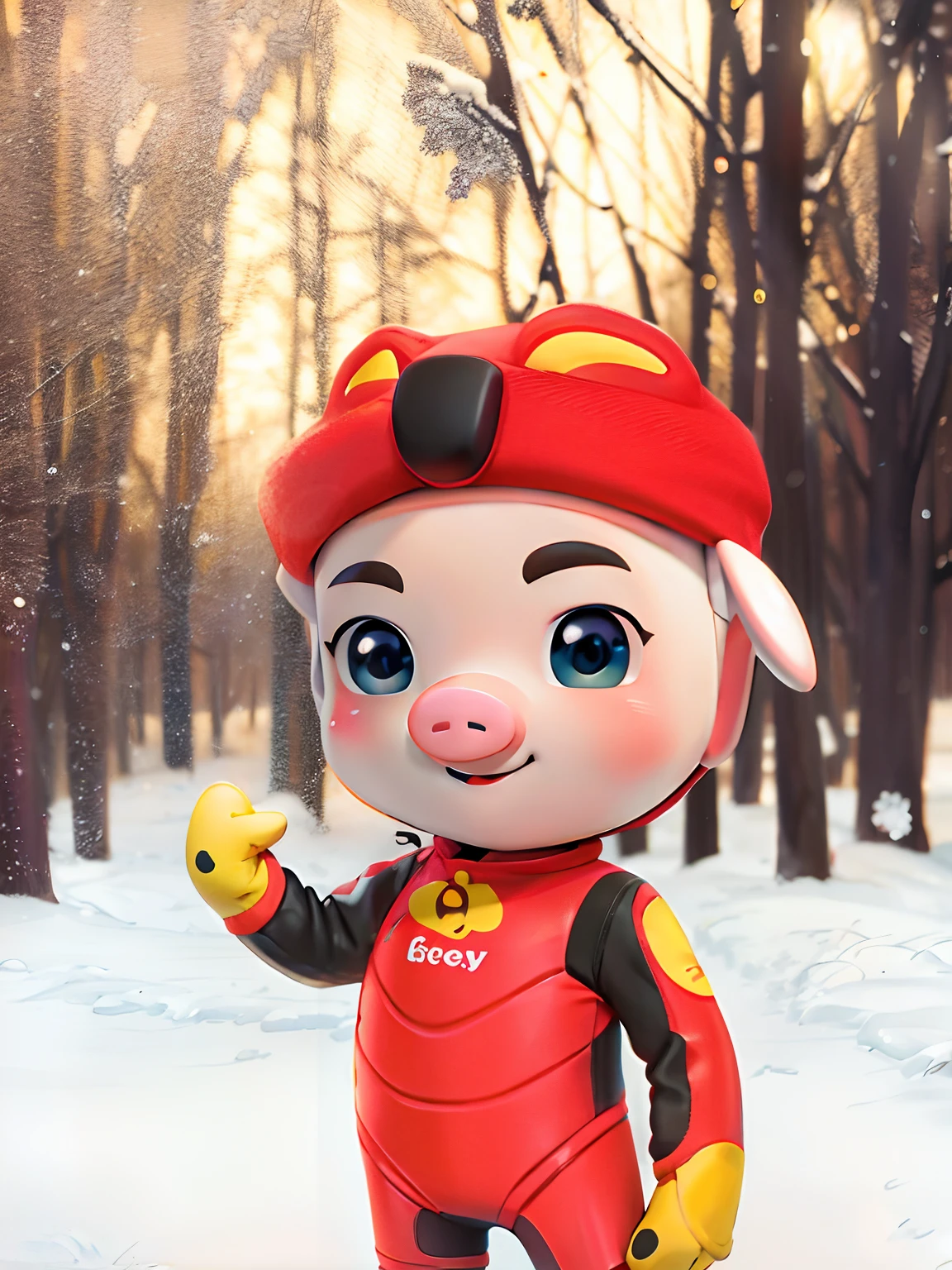 Cartoon style (GG Bond) pig's nose, snowy field, forest, smile, man