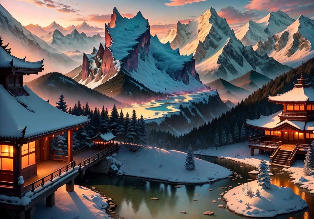 Shangri-La, Yunnan (Shangri-La's natural scenery includes snowy mountains, glaciers, valleys, forests, pines, meadows, and lakes; plum blossoms bloom nearby. (Beautiful, bright, safe, relaxing, remote, satisfying, quiet, harmonious; an ideal destination for people) is a masterpiece. The scenery is picturesque. The snowy mountains are spectacular. In the close-up view, plum blossoms are in full bloom and plum blossoms are in full bloom. Clear lake water, realistic 3D animation style, landscape concept art, 3D lighting, and beautiful movie lighting. The morning sun, plenty of sunshine, and scenery are breathtaking. Abundant details.