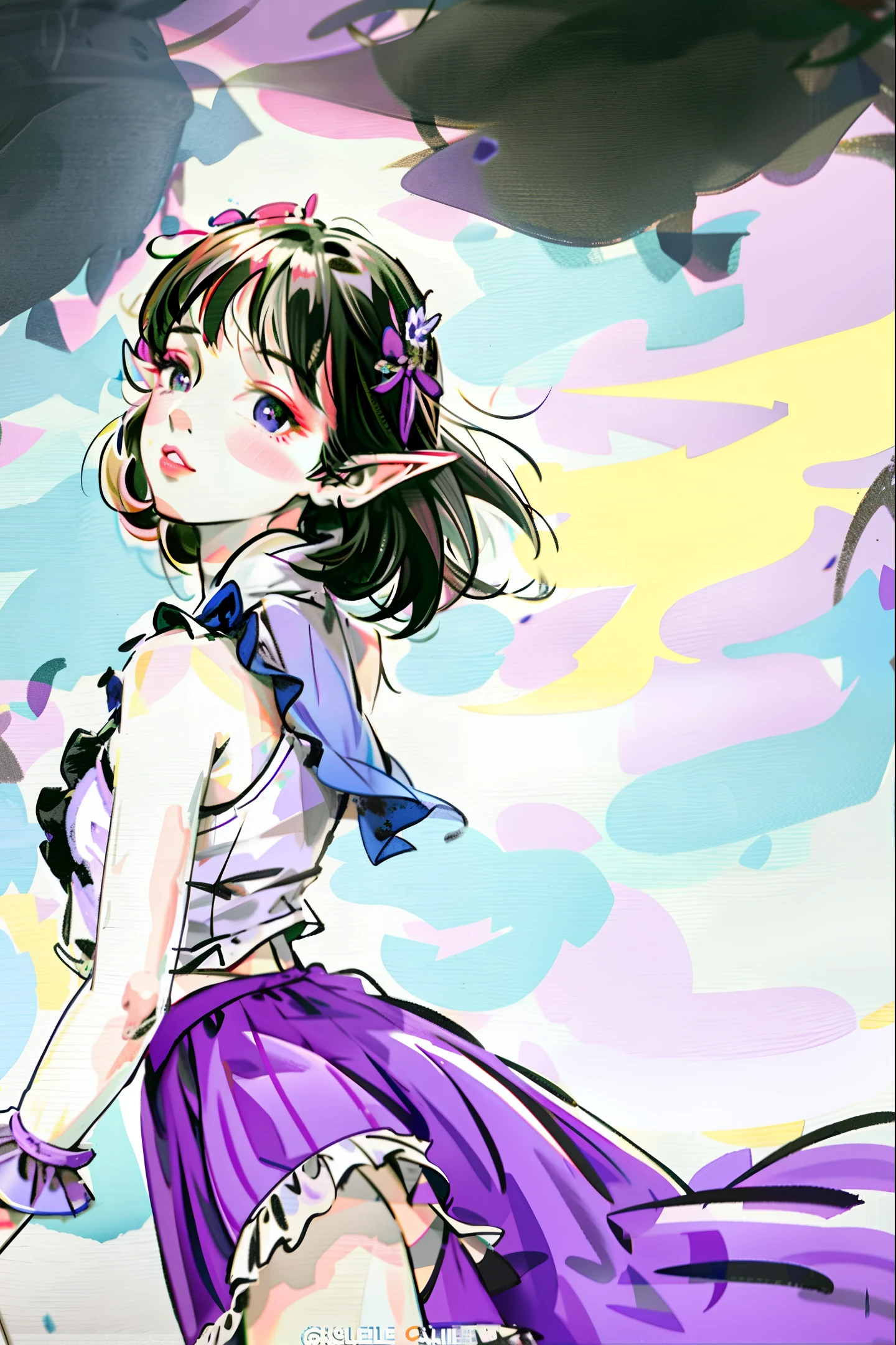 black hair, elf , purple eyes, frilled top, frilled skirt,pastel