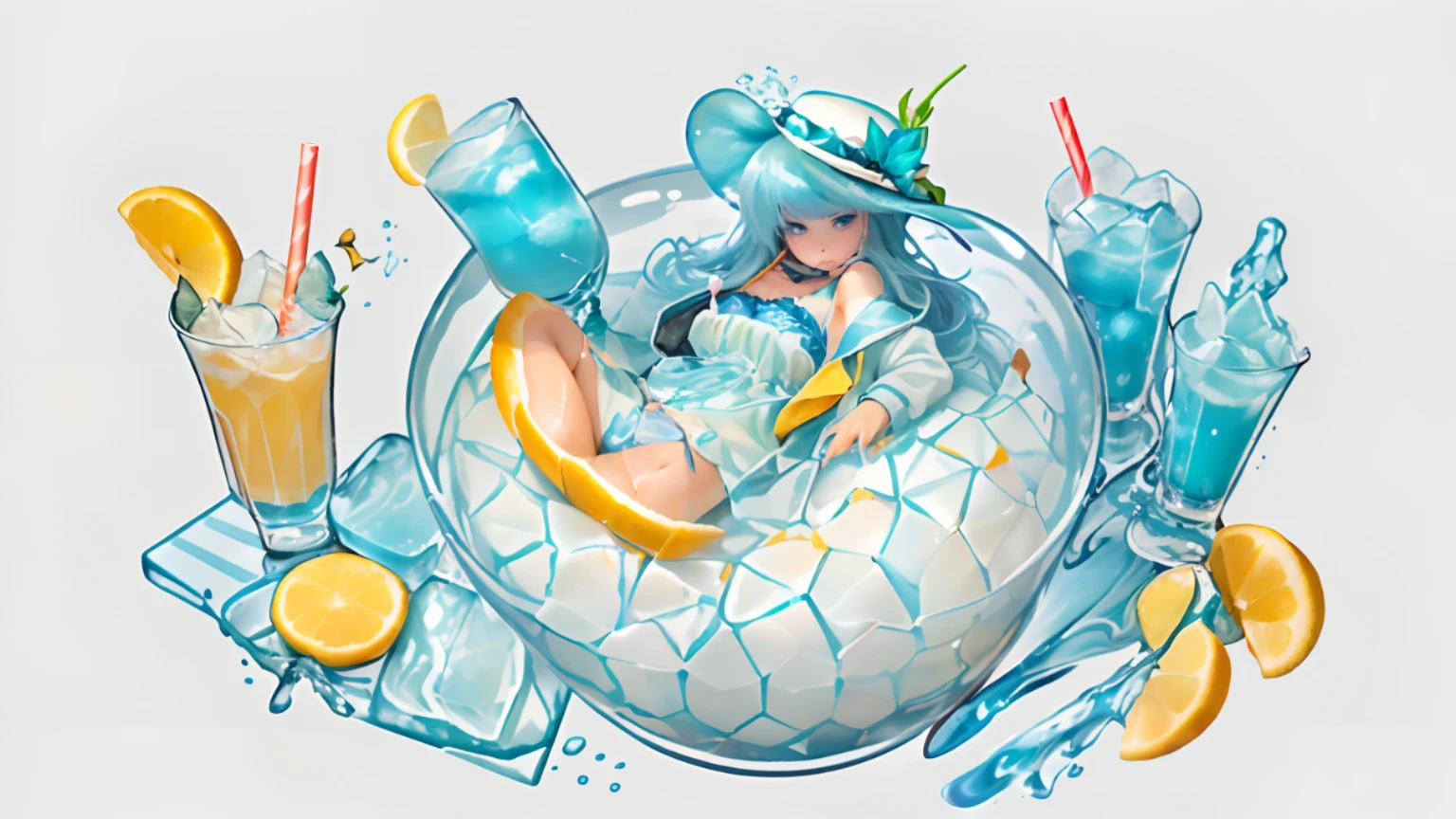 (A beautiful girl in a bikini, summer jacket, and sun hat floats gracefully in a glass full of fresh blue drinks and ice cubes (glass: 1.5). Her long, light blue hair fell into the glass, enhancing the drink's freshness. (She's eagerly waiting to taste this delightful blend.) :0.9