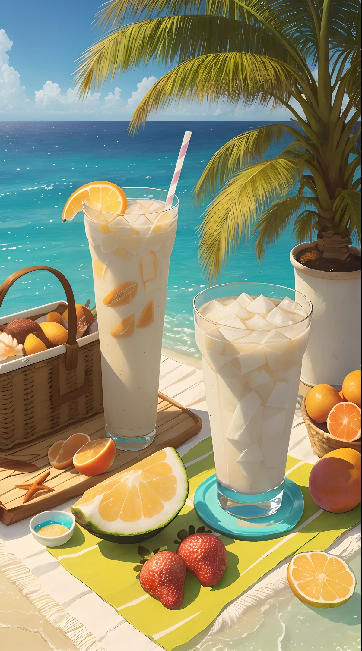 (Chinese beauty) A soft drink made from coconut juice, ice cubes, and coconut juice. Milky white changes to white. Very cool. Colored straws and ice cubes placed on green leaves, outdoors, clear blue sky, beautiful clouds, three-stage composition: close-up shot of a glass cup with a sandy beach in the middle, and a girl swimming among tropical plants. The view in the distance is the sea, the highest light, the highest quality, the sun at noon, diffuse reflection, surrealism. Macro photography depicts a picnic scene with the theme of a summer tropical beach vacation. The protagonists of this picture are two cool glasses filled with iced coconut juice. The camera focuses on glasses, fruit, dazzling midday sunlight, fisheye footage, distant views, a hearty meal, (splashed liquid: 1.6), ice cubes, (picnic scene: 0.5) (lovely dessert: 0.4), dripping water. At the edge of the picture is the girl's glowing thighs, filled with coconut drinks, milky white liquid, daytime outdoor lights (beach 1.5), tropical plants, hot weather, high-definition details, wet watermarks, ultra-detail, s, surrealism, soft light, deep-field focused bokeh, light tracking, diffuse reflection (ultra-fine glass reflection), and surrealism.
