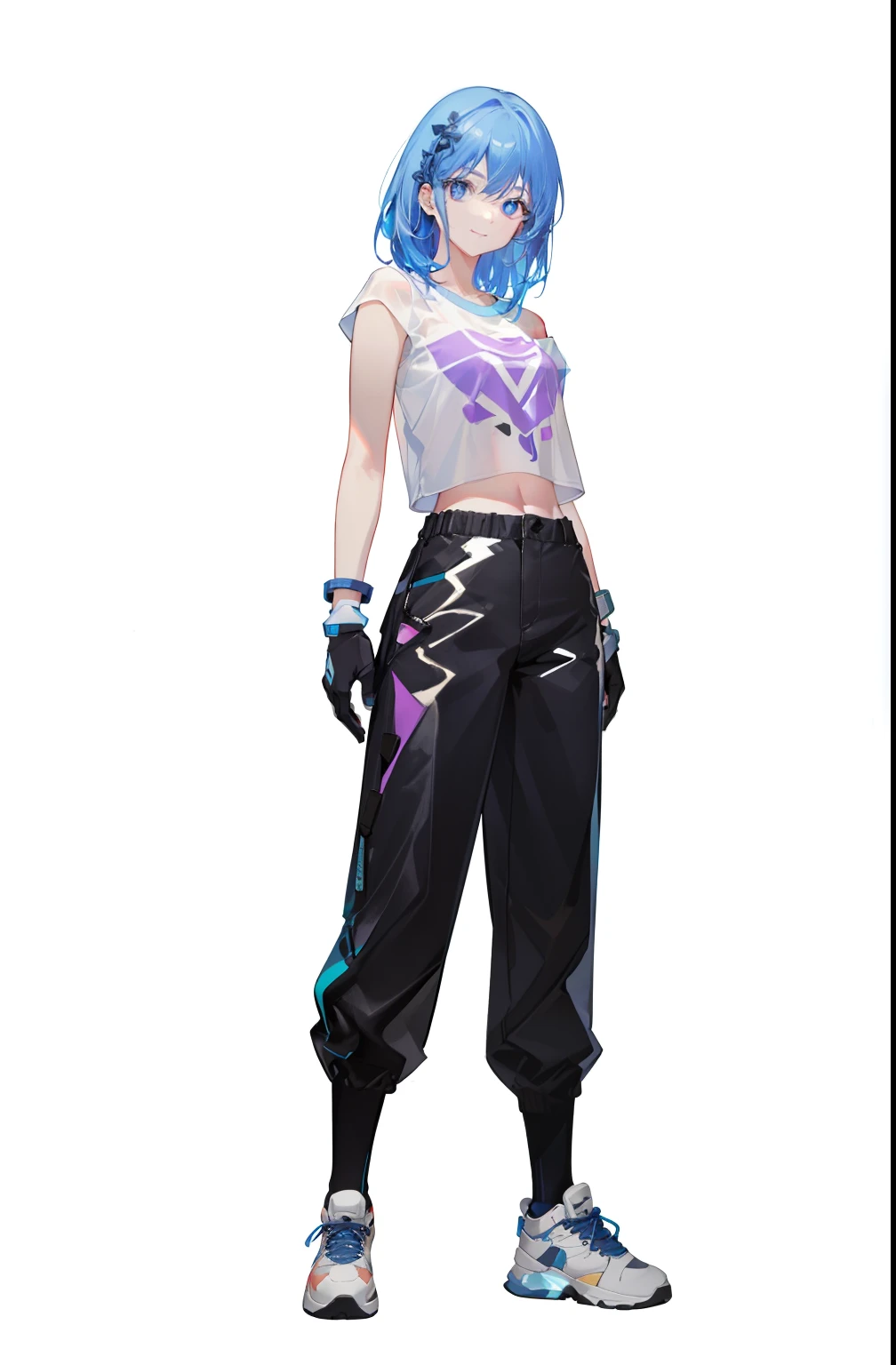 Smile, blue hair, cropped top, bare arms, (shoulders: 1.9), long hair, pure white background, Kpop idol, short sleeve t-shirt, hip hop pants, color, full body, wearing sneakers, pretty eyes, (color laser transparent PVC material), interference film, full body, beautiful eyes, beautiful eyes, beautiful eyes, beautiful eyes, accessories, character concept design, white background, high quality, high resolution {beautiful eyes: 1.4}, (ultra-fine detail), (very detailed, beautiful: 1.2), (very detailed, beautiful: 1.2), (lovely beauty, beautiful: 1.2) Face: 1.3), glowing eyes