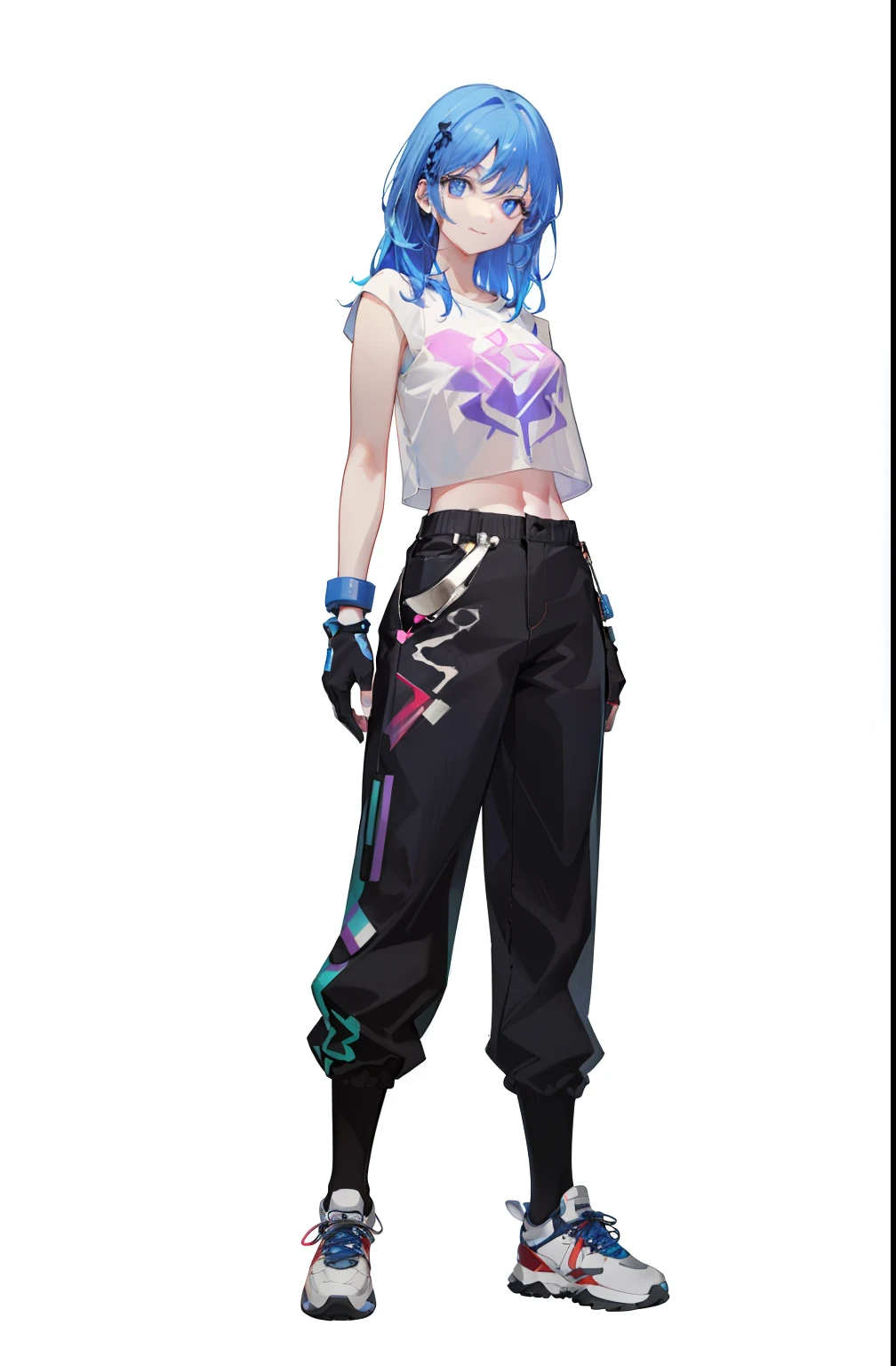 Smile, blue hair, cropped top, bare arms, (shoulders: 1.9), long hair, pure white background, Kpop idol, short sleeve t-shirt, hip hop pants, color, full body, wearing sneakers, pretty eyes, (color laser transparent PVC material), interference film, full body, beautiful eyes, beautiful eyes, beautiful eyes, beautiful eyes, accessories, character concept design, white background, high quality, high resolution {beautiful eyes: 1.4}, (ultra-fine detail), (very detailed, beautiful: 1.2), (very detailed, beautiful: 1.2), (lovely beauty, beautiful: 1.2) Face: 1.3), glowing eyes
