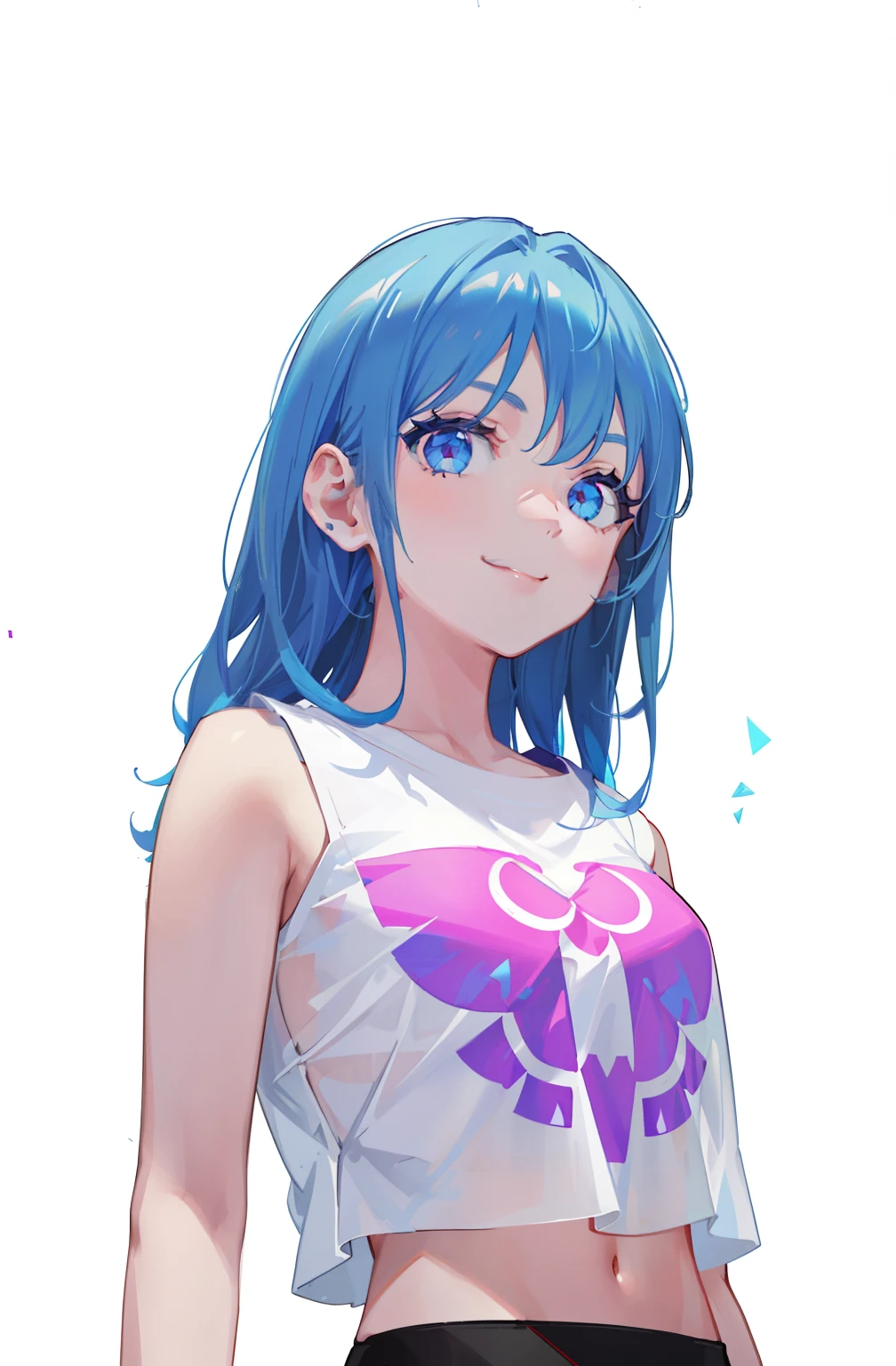 Smile, blue hair, short top, bare arms, (shoulders: 1.9), long hair, pure white background, Kpop idol, color, (color laser transparent PVC material), jammer, character concept design, white background, high quality, high resolution {Beautiful Eyes: 1.4}, (ultra-fine detail), (lovely beauty, beautiful: 1.2), glowing eyes
