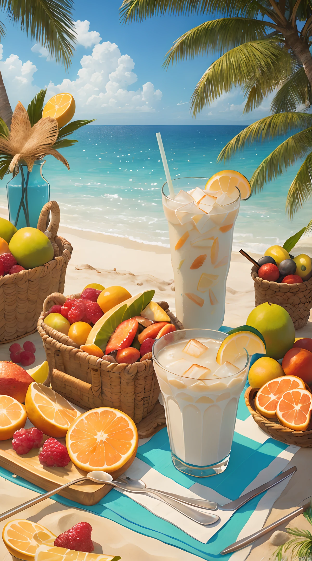 (Chinese beauty) A soft drink made from coconut juice, ice cubes, and coconut juice. Milky white changes to white. Very cool. Colored straws and ice cubes placed on green leaves, outdoors, clear blue sky, beautiful clouds, three-stage composition: close-up shot of a glass cup with a sandy beach in the middle, and a girl swimming among tropical plants. The view in the distance is the sea, the highest light, the highest quality, the sun at noon, diffuse reflection, surrealism. Macro photography depicts a picnic scene with the theme of a summer tropical beach vacation. The protagonist of this picture is a cool glass filled with iced coconut water. The camera focuses on glasses, fruit, dazzling midday sunlight, fisheye footage, distant views, a hearty meal, (splashed liquid: 1.6), ice cubes, (picnic scene: 0.5) (lovely dessert: 0.4), dripping water. At the edge of the picture is the girl's glowing thighs, filled with coconut drinks, milky white liquid, daytime outdoor lights (beach 1.5), tropical plants, hot weather, high-definition details, wet watermarks, ultra-detail, s, surrealism, soft light, deep-field focused bokeh, light tracking, diffuse reflection (ultra-fine glass reflection), and surrealism.