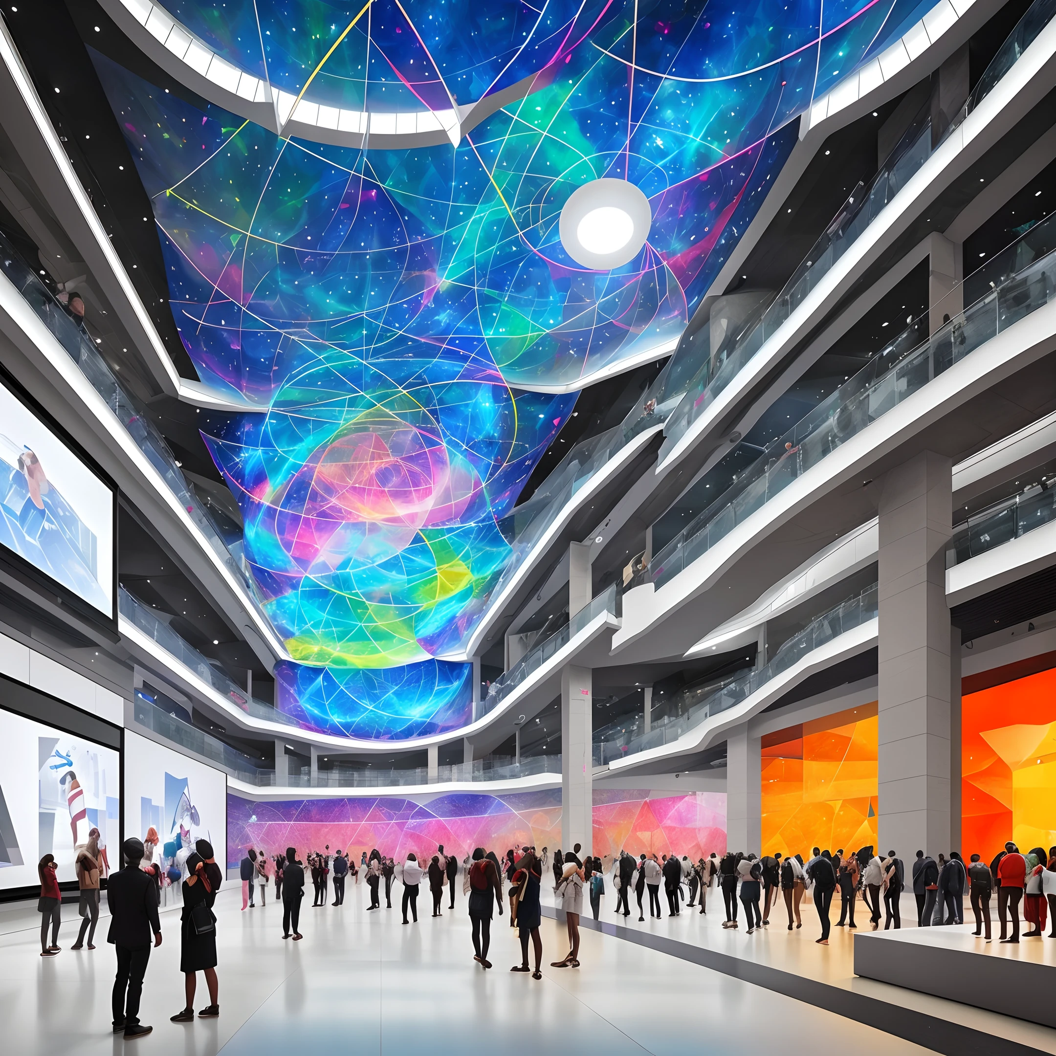I would like a picture of a large hall where people of different professions and nationalities are interacting with each other. In the background, you can add holographic projections that show key points in the topic of effective communication, such as listening skills, clarity of expression, and respect for the opinion of the other person. It is important that each person in the picture is vividly and expressively depicted in order to attract the viewer's attention and emphasize the importance of the topic.
