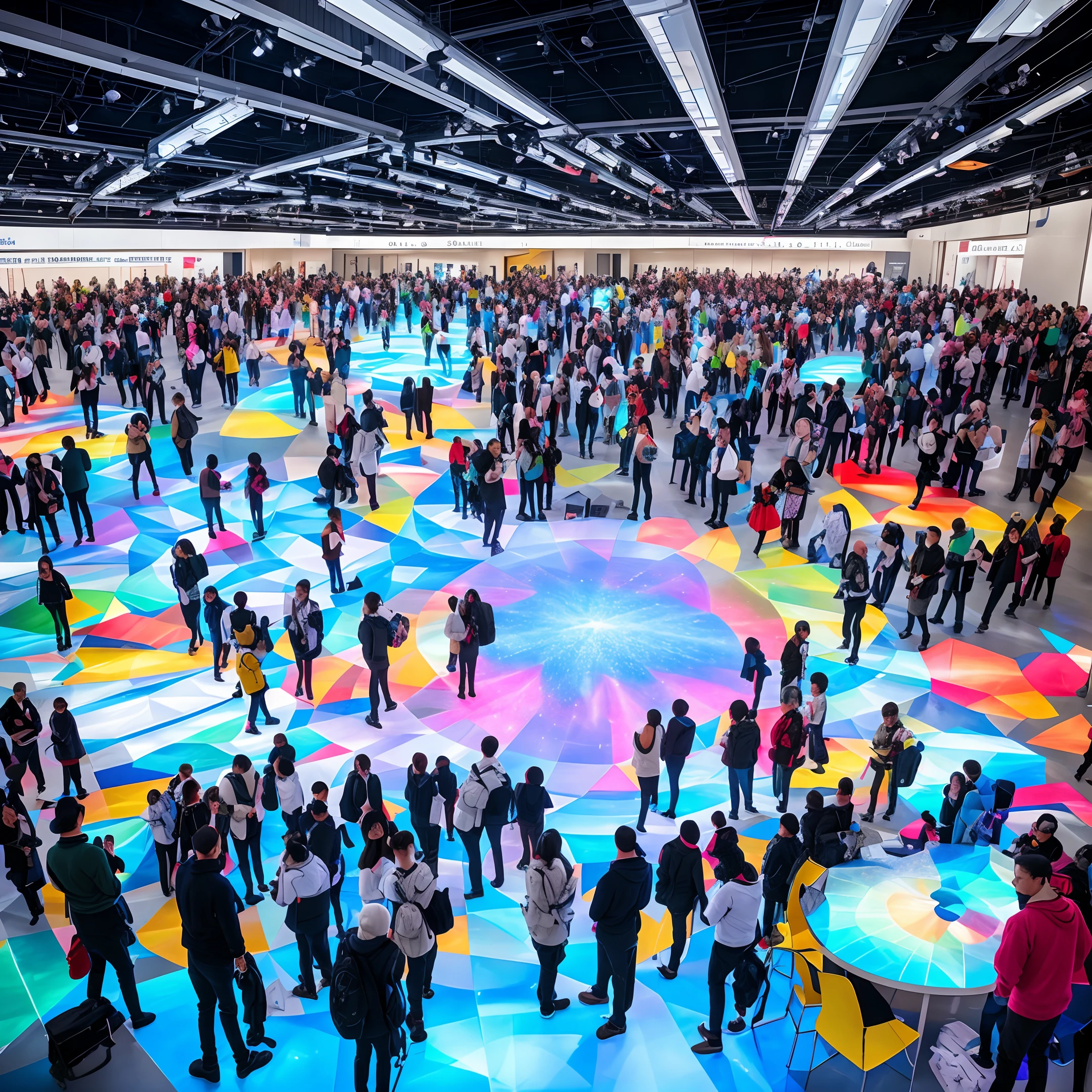I would like a picture of a large hall where people of different professions and nationalities are interacting with each other. In the background, you can add holographic projections that show key points in the topic of effective communication, such as listening skills, clarity of expression, and respect for the opinion of the other person. It is important that each person in the picture is vividly and expressively depicted in order to attract the viewer's attention and emphasize the importance of the topic.