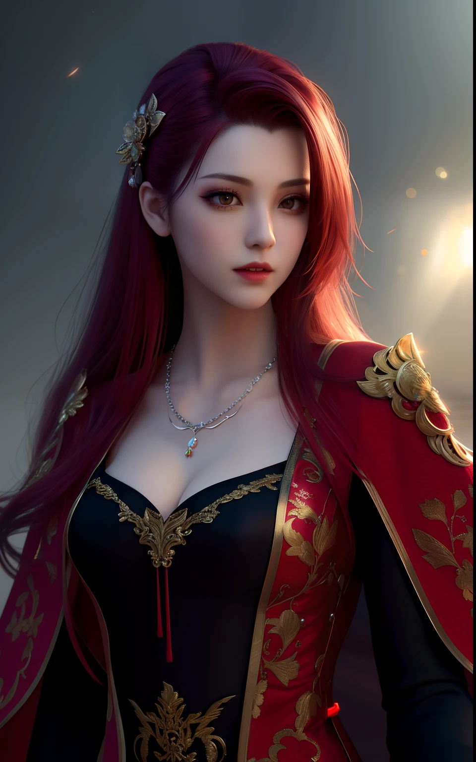vampire, best quality, masterpiece, highres, 1girl,china dress,red hair, hair ornament,necklace, jewelry,Beautiful face,upon_body, tyndall effect,photorealistic, dark studio, rim lighting, two tone lighting,(high detailed skin:1.2), 8k uhd, dslr, soft lighting, high quality, volumetric lighting, candid, Photograph, high resolution, 4k, 8k, Bokeh