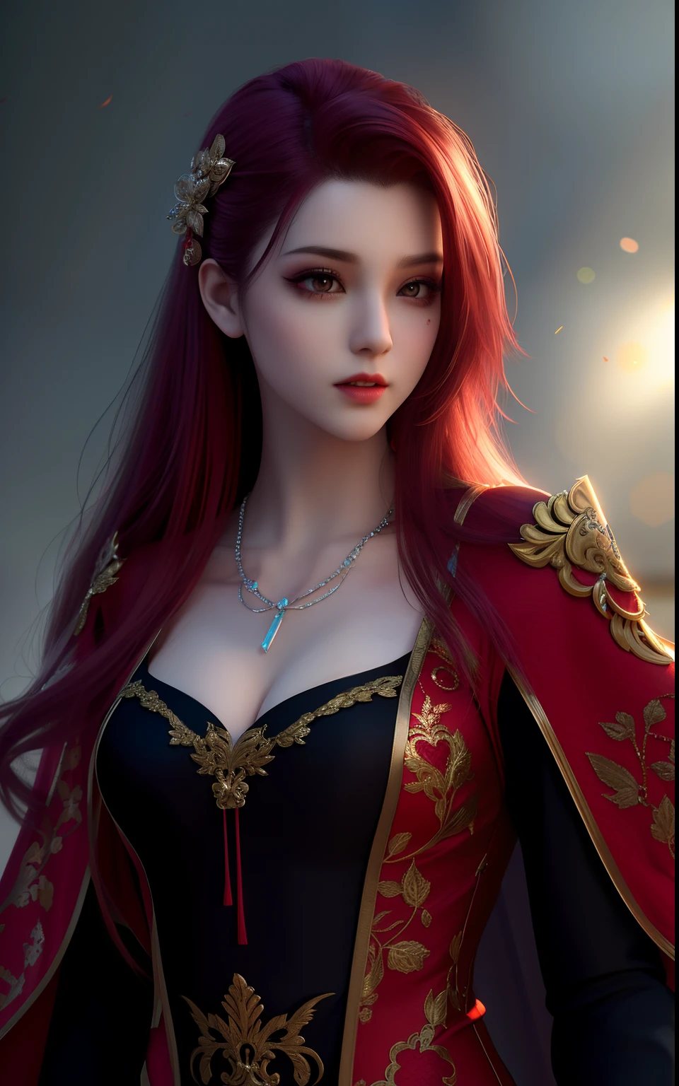 vampire, best quality, masterpiece, highres, 1girl,china dress,red hair, hair ornament,necklace, jewelry,Beautiful face,upon_body, tyndall effect,photorealistic, dark studio, rim lighting, two tone lighting,(high detailed skin:1.2), 8k uhd, dslr, soft lighting, high quality, volumetric lighting, candid, Photograph, high resolution, 4k, 8k, Bokeh