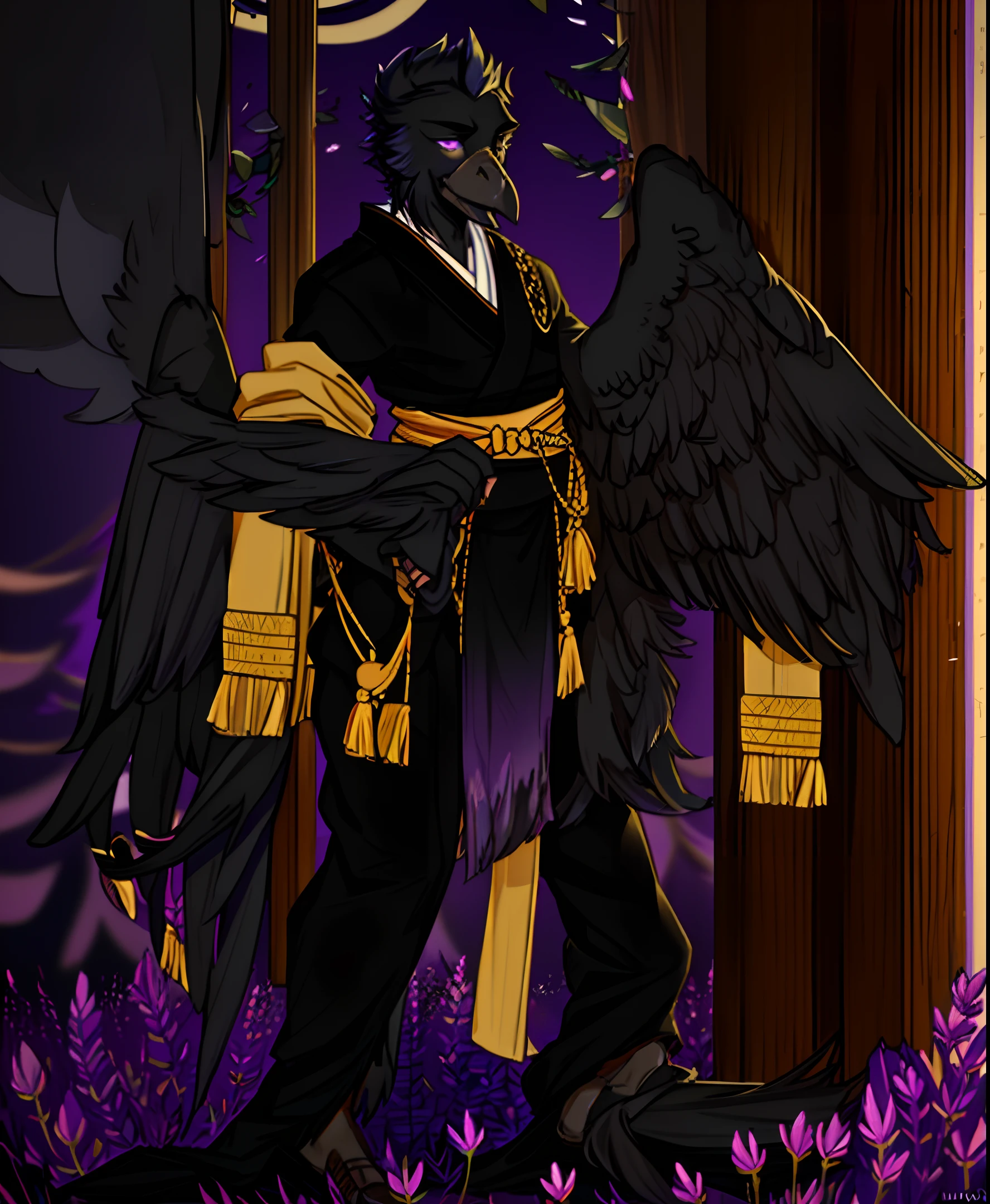 sfw, solo, male, muscle, (Avian anthro furry: 1.3), (corvid: 1.1), (black beak), (smug), bird, bird eye, black bear, (black body), exercise, (lavender, golden eyes), wearing a kimono, (winged arms)