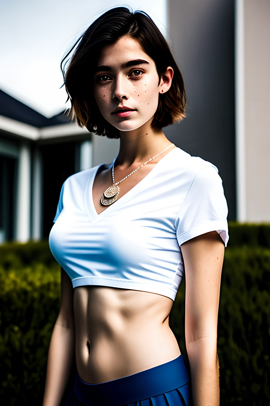 Top quality masterpiece (in the style of Diego Gisbert Llorenz:1.2), (realistic), beautiful young girl 25 years old, from behind and looking at the viewer, (short hair: 1.2), (blue eyes: 1.2), black earring, necklace (lifts up her white skirt and shows a raised ass), perfect body, medium chest, slightly thin skin, slit between hips, white underwear, (front view:), (realistic: 1.2), (face with freckles: 0.3), (young skin: 1.1), (without bra: 1.4), visible through a shirt: 1.5), soft lighting, sharp focus, (realistic: 1.2), (beautiful: 1.2) ), (soft lighting: 1.1), (sharp focus: 1.1), (in front of a modern house: 1.3), (pool: 1.1), (pool sofa: 1.1), (sky light: 1.3), (casts a shadow: 1.2), (chest tears: 0.7), (show half the chest: 1.3), (short white boot: 1.2), (looking at the viewer: 1.2), (hugs: 1.2)