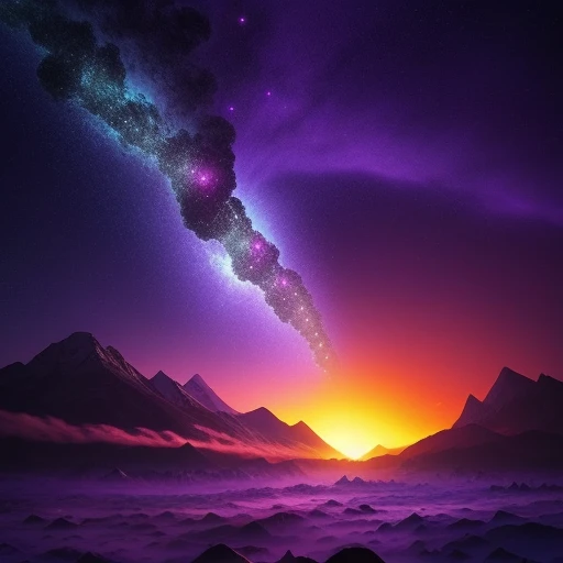 Apocalypse, meteors composed of amethysts, giant meteorites, amethysts, mountains, burning meteors falling on uninhabited snowy mountains, burning clouds, cold weather, movies, blizzards, exploding light