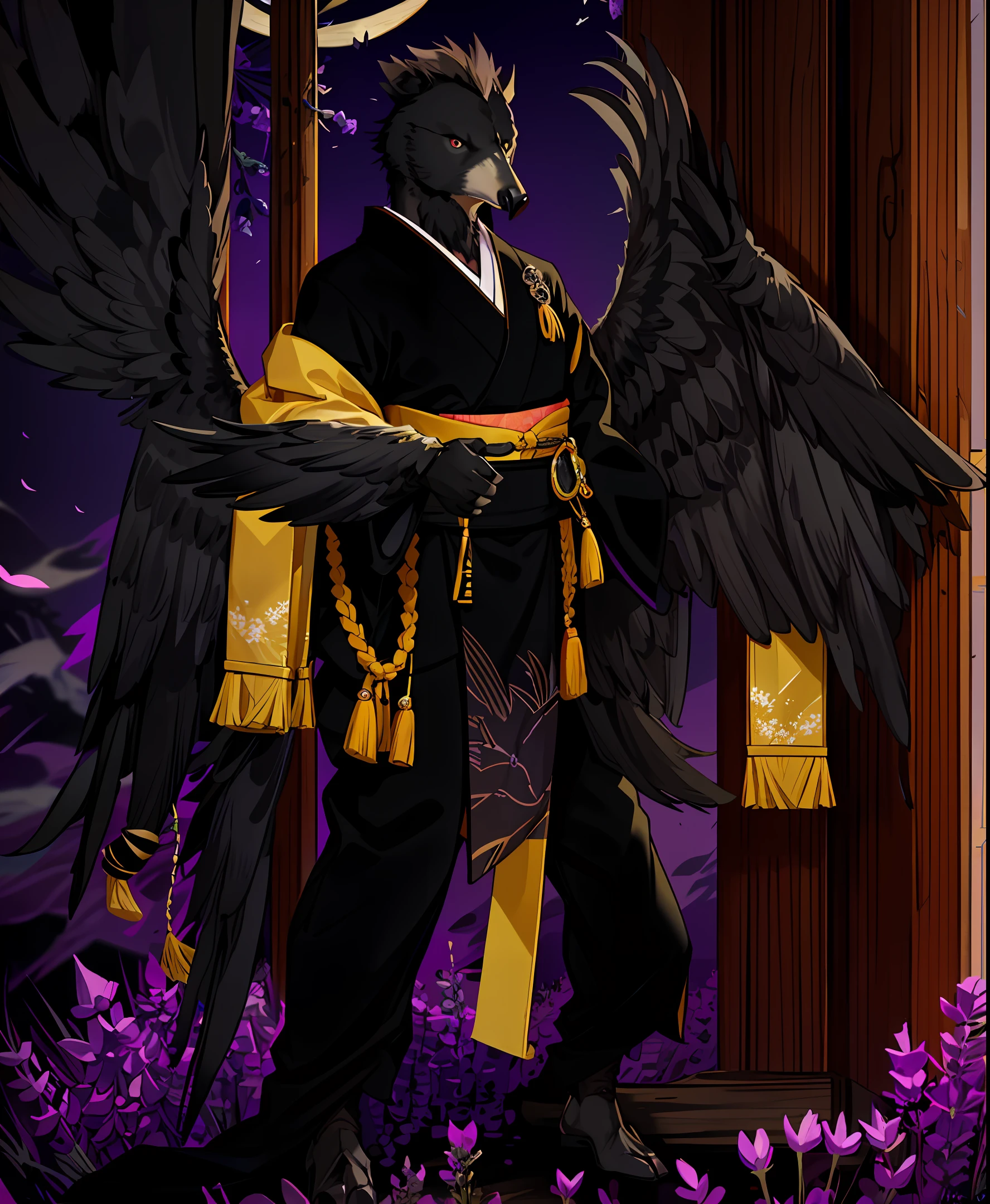 sfw, solo, male, muscle, (Avian anthro furry: 1.3), (corvid: 1.1), (black beak), (smug), bird, bird eye, black bear, (black body), exercise, (lavender, golden eyes), wearing a kimono, (winged arms)