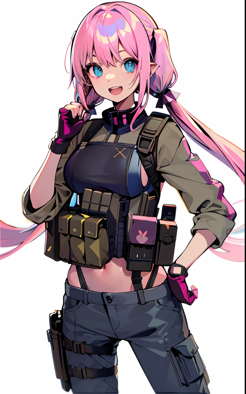 Cutesy Girl, (clear eyes), (detailed iris), (pink hair), (twin tails), (smiling), (excited), (open mouth), wearing full military gear, brown outfit, green outfit, (contrasting outfit), (modern soldier), (military holster), (vibrant eyes), (blue eyes), (light skin), (tall), (skinny), (endowed chest), (large breasts),(thin waist). Tatsuya Endo, Greg Rutkowski, Pixiv, Artstation