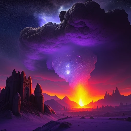 Doomsday, the ruins of a medieval city destroyed by a meteorite, the Burning Meteor Trail, the giant meteorite, amethyst, World of Warcraft's Damoro Mountains, burning meteorites, Burning Clouds, Cold Weathery, movies, blizzards, exploding light