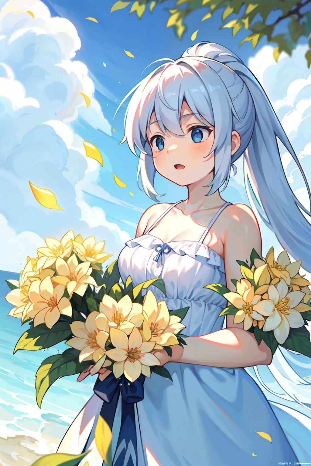 Super-fine illustration, masterpiece, best quality, {beautiful and meticulous eyes}, 1 girl, fine detail, depth of field, 4K wallpaper, blue sky, cumulus, wind, extremely detailed frills, extremely detailed lace, blue sky, very long hair, slightly open mouth, high ponytail, silver hair, small breasts, cumulonimbus, thin waist, many scattered luminous petals, hidden in pale yellow flowers, depth of field, depth of field, she bowed her head in frustration, many droplets of flying water, many bare leaves on the upper half of the tree branches, angles, deepened contours, movie angles, {{{classic decorative border}}}