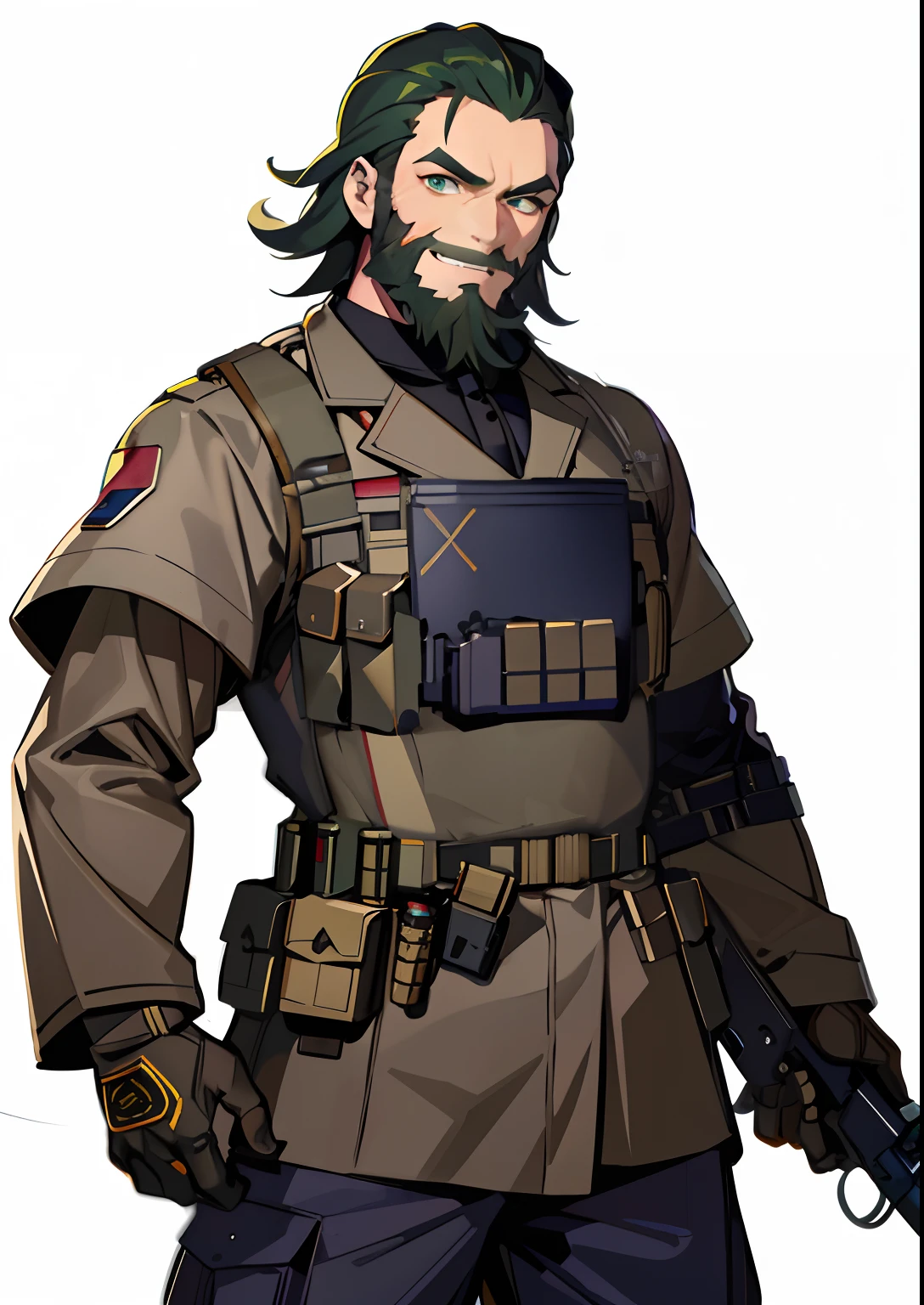 Man with impressive muscles and a commanding physique, (large eyes), (anime eyes), wearing full military gear, (modern soldier), (military holster)(strong), (rugged), (piercing eyes) (green eyes), (green hair), (ammo belts), (smiling), (red cheeks), (long beard). Tatsuya Endo, Greg Rutkowski, Pixiv, Artstation