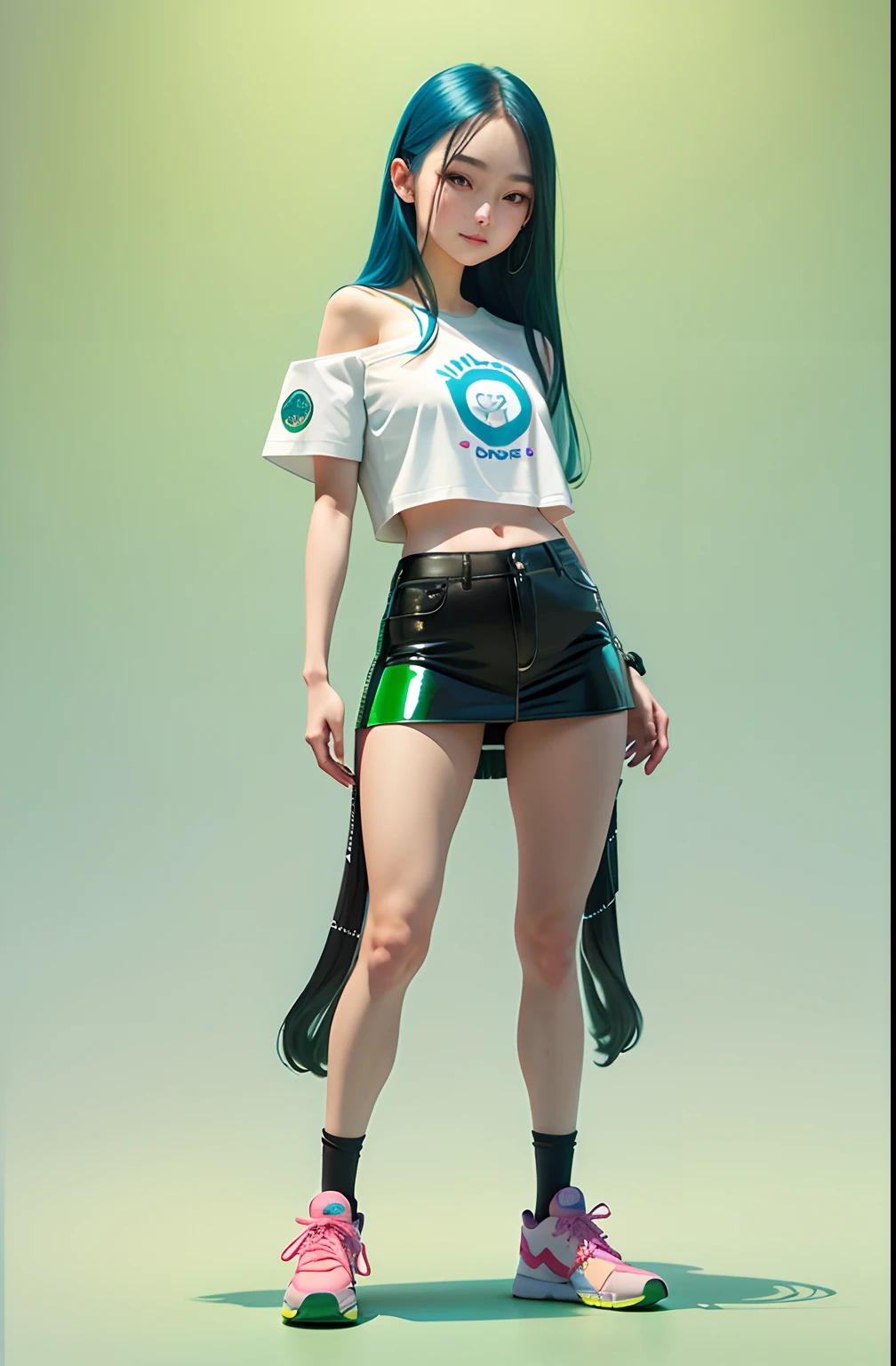 1girl, head to body ratio 1 to 6.5, cbzbb, character, cute, small, pretty, devian art, devial art, devial art, devial art, devial art, devial art, devial art, devial art, devial art, realistic, figure, character, smile, show top, bare arms, (shoulders: 1.9), long hair, Kpop idol, short sleeve t-shirt, (miniskirt: 1.7), colorful, full body, beautiful eyes in sneakers, glitter, pretty face, (color laser transparent PVC material), interference film, full body, pretty eyes, pretty eyes, accessories, character concept design, green background, masterpiece, high quality resolution {beautiful detailed eyes: 1.4}, (ultra-fine detail), (very detailed, beautiful: 1.2), (delicate and beautiful, lovely face: 1.3), glowing eyes