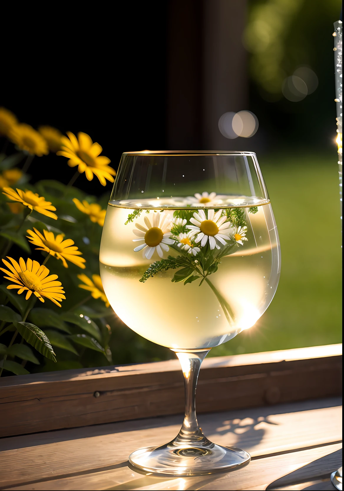 A glass with drops of water filled with carbonated drinks, translucent liquid, ice cubes, bubbles, a floral crown of daisies and lavender on picnic tablecloths, midday outdoor lighting, open air, natural background, summer day, hot weather, high detail, very humid humidity, high brightness, wet watermarks, excessive detail, surrealism, soft light, studio lighting, diffuse soft light, shallow depth of field, sharp focus, bokeke effect, light tracking, subsurface scattering, complex soft light, diffuse soft light, highly detailed glass reflection, ultra-thin (ultra-thin), ultra-thin) (thin, ultra-detailed), cinematic, surrealism, hardware, best quality, ultra-high resolution (photorealistic: 1.4), high resolution, detail, raw photography, clear reproduction, 4 kodak portra 400 stock camera, f1.6 lens, realistic texture, spectacular lighting, not a real engine, popular on artstation, cinemas up to 800,