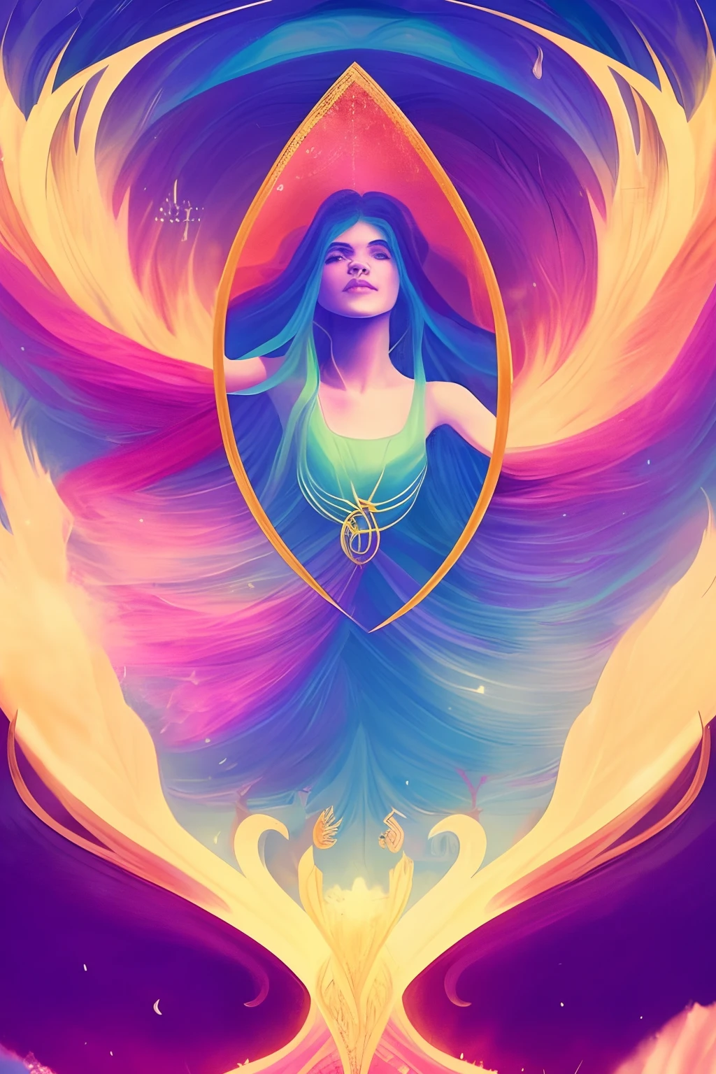 Tarot style, 1girl, male_focus, collarbone, portrait, digital illustration, flowing hair, glowing rainbow hair, night, pastel, looking at camera, looking_at_viewer, ring lighting, edge lighting, artstation trend, wlop, dsktaro1