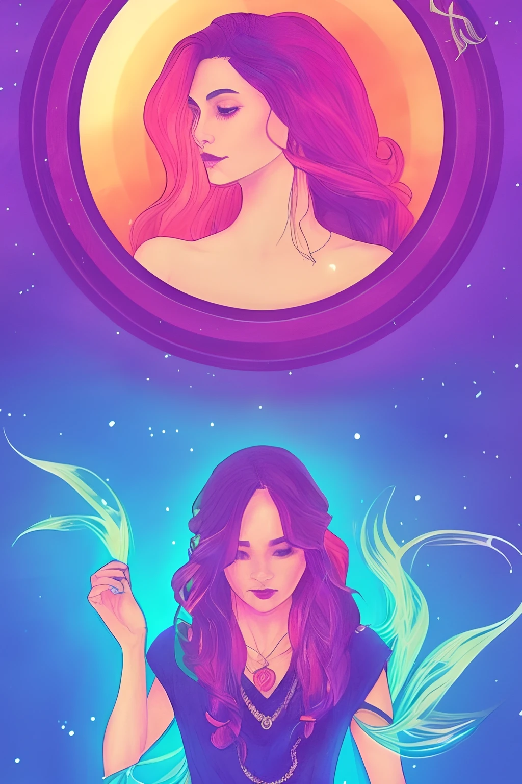 Tarot style, 1girl, male_focus, collarbone, portrait, digital illustration, flowing hair, glowing rainbow hair, night, pastel, looking at camera, looking_at_viewer, ring lighting, edge lighting, artstation trend, wlop, dsktaro1