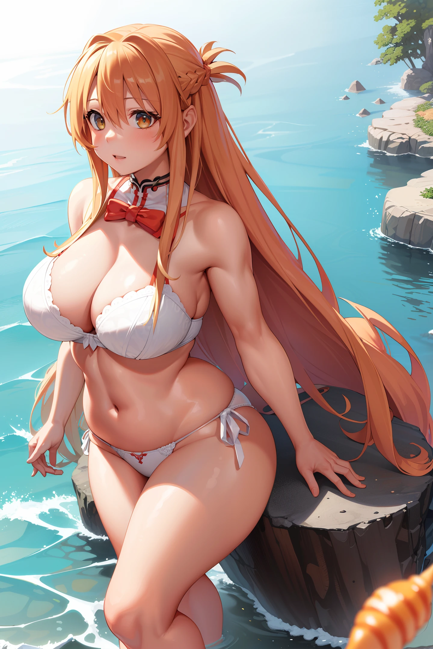 (Best Quality, Masterpiece:1.4), (Realism:1.2), (Realisitc:1.2), (Absurdres:1.2), 4K, Detailed, Ultra-Detailed, Digital Art, Detailed Face, (Hyper-Detailed Eyes:1.2),
Rocks, Coast, (Shore:1.2), (Sitting:1.4), Sitting on Rock, Trees, Plants, (Bush:1.2), Waves, (Causting:1.2), (Hyper-Detailed Water:1.4),
(Solo:1.4), 1Girl, (Facing Viewer:1.2), (Yuuki Asuna:1.4),
(Honey Blonde Hair:1.2), Long Hair, (Sidelocks:1.2),
(Coral Eyes:1.4),
(Curvy:1.4), Gigantic Breasts, Thick Thighs,
(White Bra:1.2), (White Panties:1.2),
