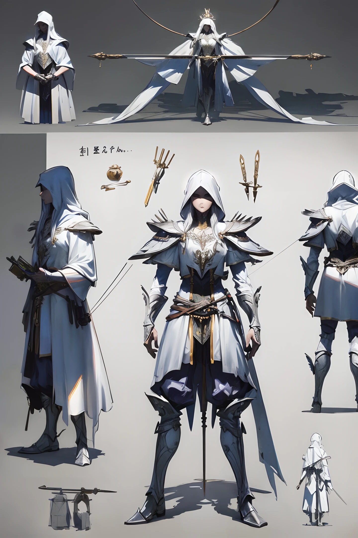 Weapon design tables, concept art, (Crossbow), silver decoration, totem, ((film)), (subtle lighting), (perfect shadows), (gorgeous), (perfect proportions), (intricate details)