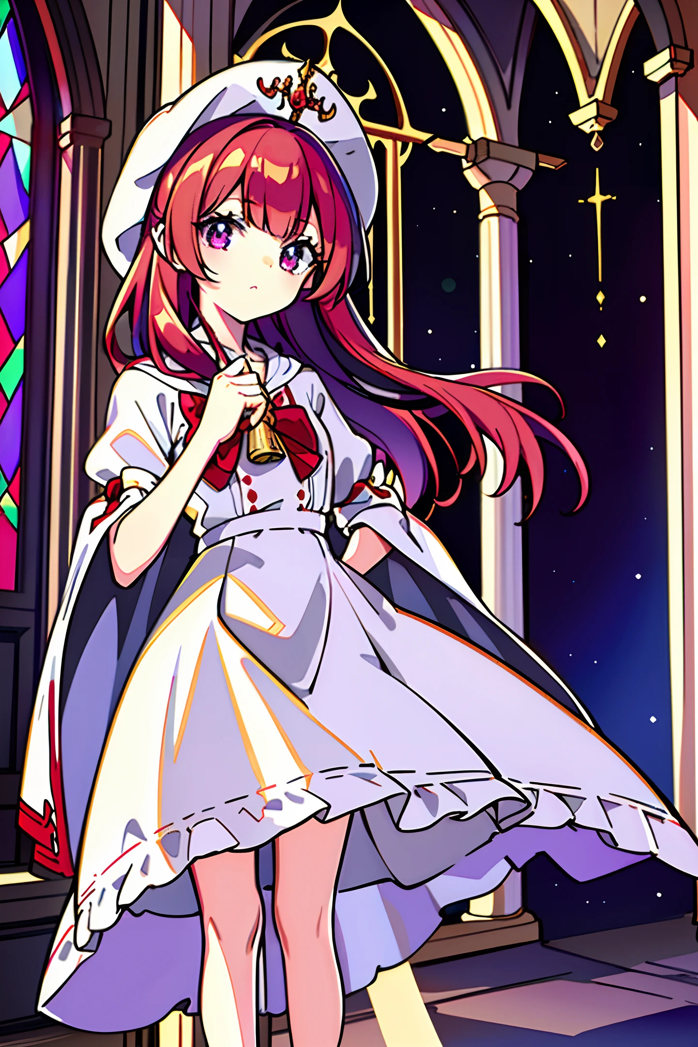 Masterpiece, (Best Quality), (Ultra Fine: 1.25), Original Figure, Depth of Field, Single Focus, Portrait of Little Lolita Standing in a Church in a White Mage Robe, Expressive Purple Eyes, Soft, Delicate, and Charming Face, Short Wavy Red Hair with Angel Wings and Aura, White Mage Robe with Gold Trim and Hood (Partially Visible: 1.05), Hand Holding a Crystal Ball (Partially Visible: 1.1), White Socks and Shoes (Partially Visible: 1.15), Stained Glass, and Stained Glass Church background made of benches (blur: 1.2), (hanging on the wall cross: 1.25), (candlestick with a lit candle: 1.3)