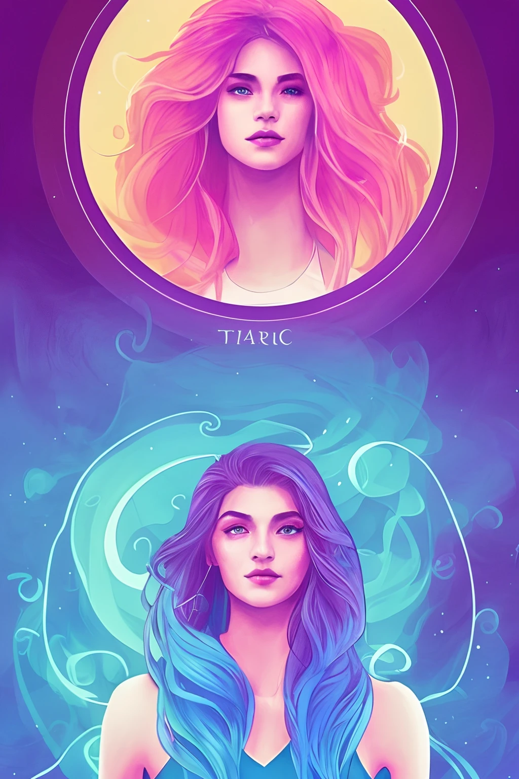 Tarot style, 1girl, male_focus, collarbone, portrait, digital illustration, flowing hair, glowing rainbow hair, night, pastel, looking at camera, looking_at_viewer, ring lighting, edge lighting, artstation trend, wlop, dsktaro1