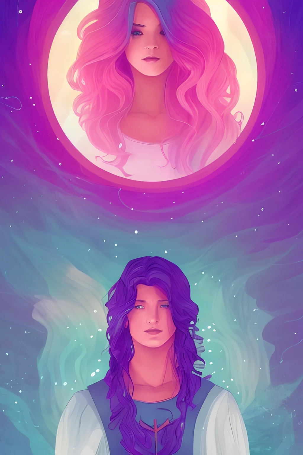 Tarot style, 1girl, male_focus, collarbone, portrait, digital illustration, flowing hair, glowing rainbow hair, night, pastel, looking at camera, looking_at_viewer, ring lighting, edge lighting, artstation trend, wlop, dsktaro1