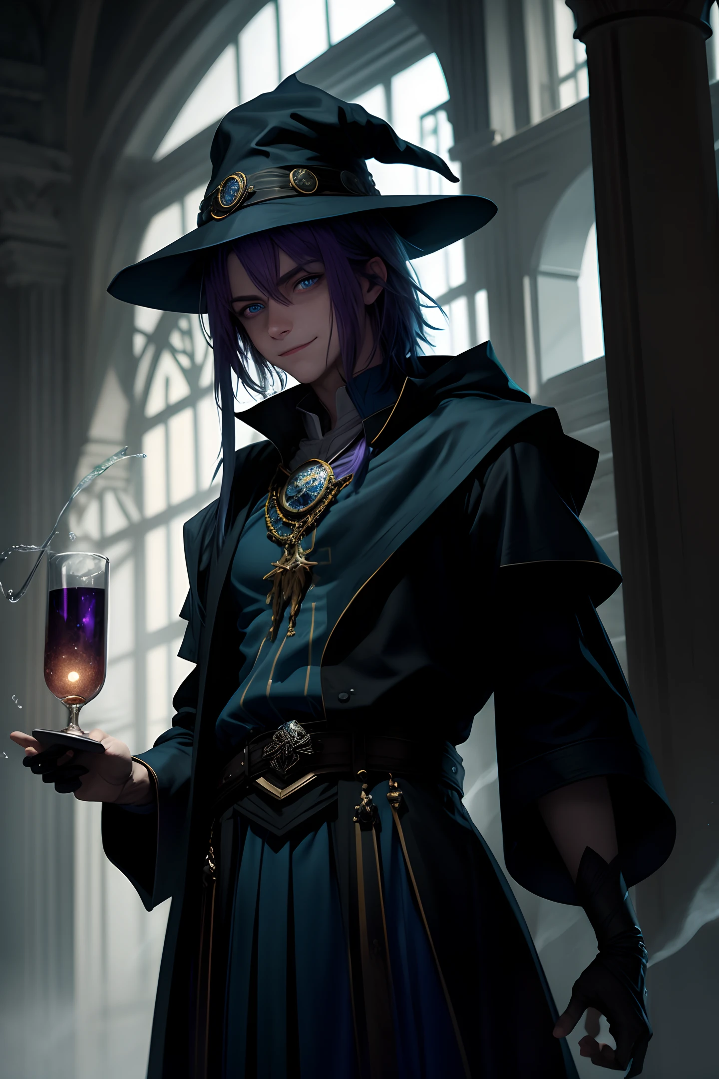 Realistic, Masterpiece, Best Quality, a wizard mixing Potions, 1 male, glowing blue eyes, short purple hair, smiling, Moody Lighting, Glow, Mysterious, Magical, Edge Lighting