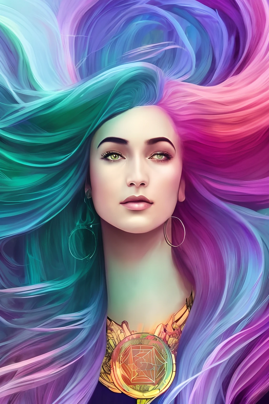 Tarot style, 1girl, male_focus, collarbone, portrait, digital illustration, flowing hair, glowing rainbow hair, night, pastel, looking at camera, looking_at_viewer, ring lighting, edge lighting