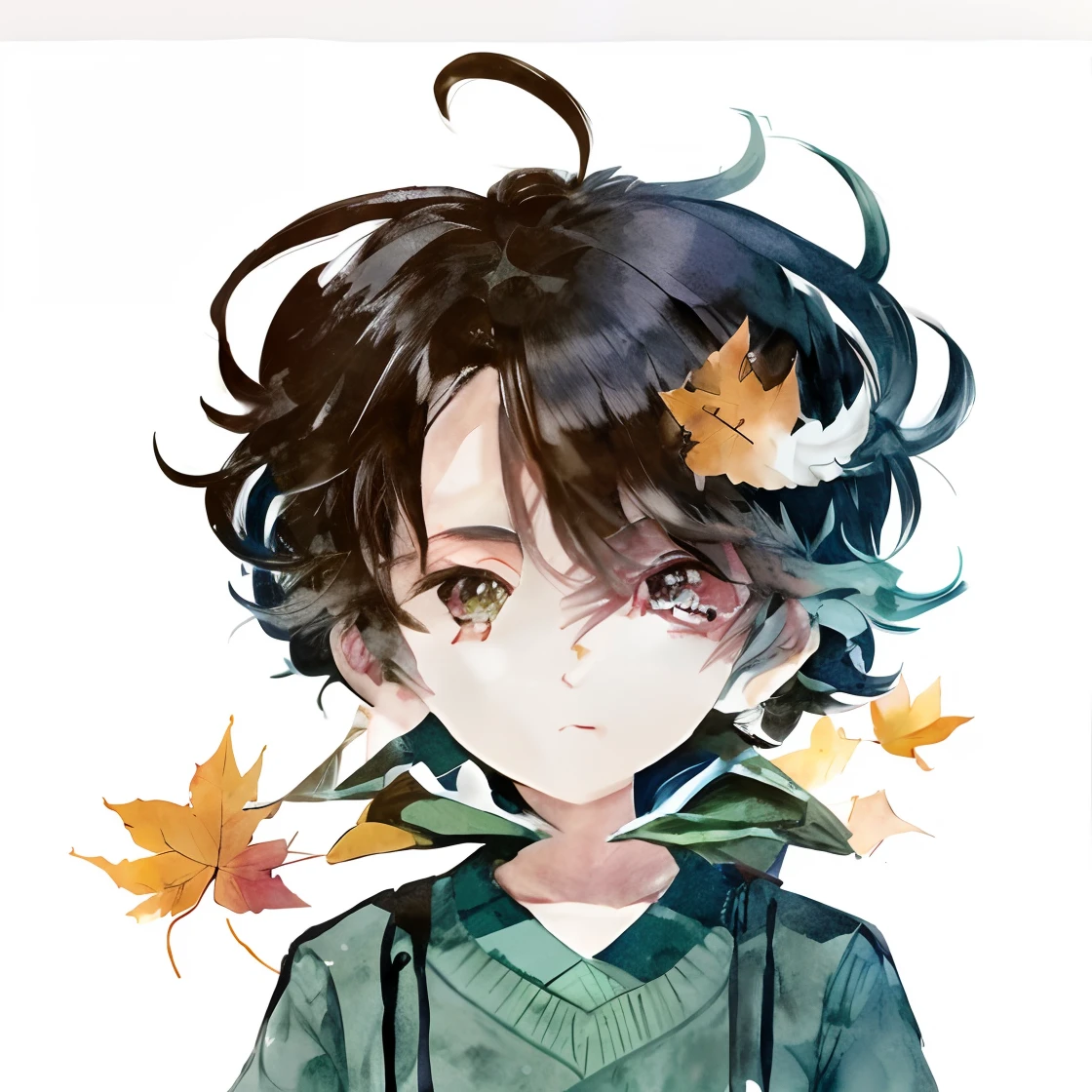 anime character with a green sweater and black hair and a leaf on his head, 🍁 cute, anime boy, anime style portrait, made with anime painter studio, anime moe artstyle, demon slayer rui fanart, digital anime illustration, high quality anime artstyle, high quality fanart, in an anime style, key anime art, 🍂 cute, anime style illustration