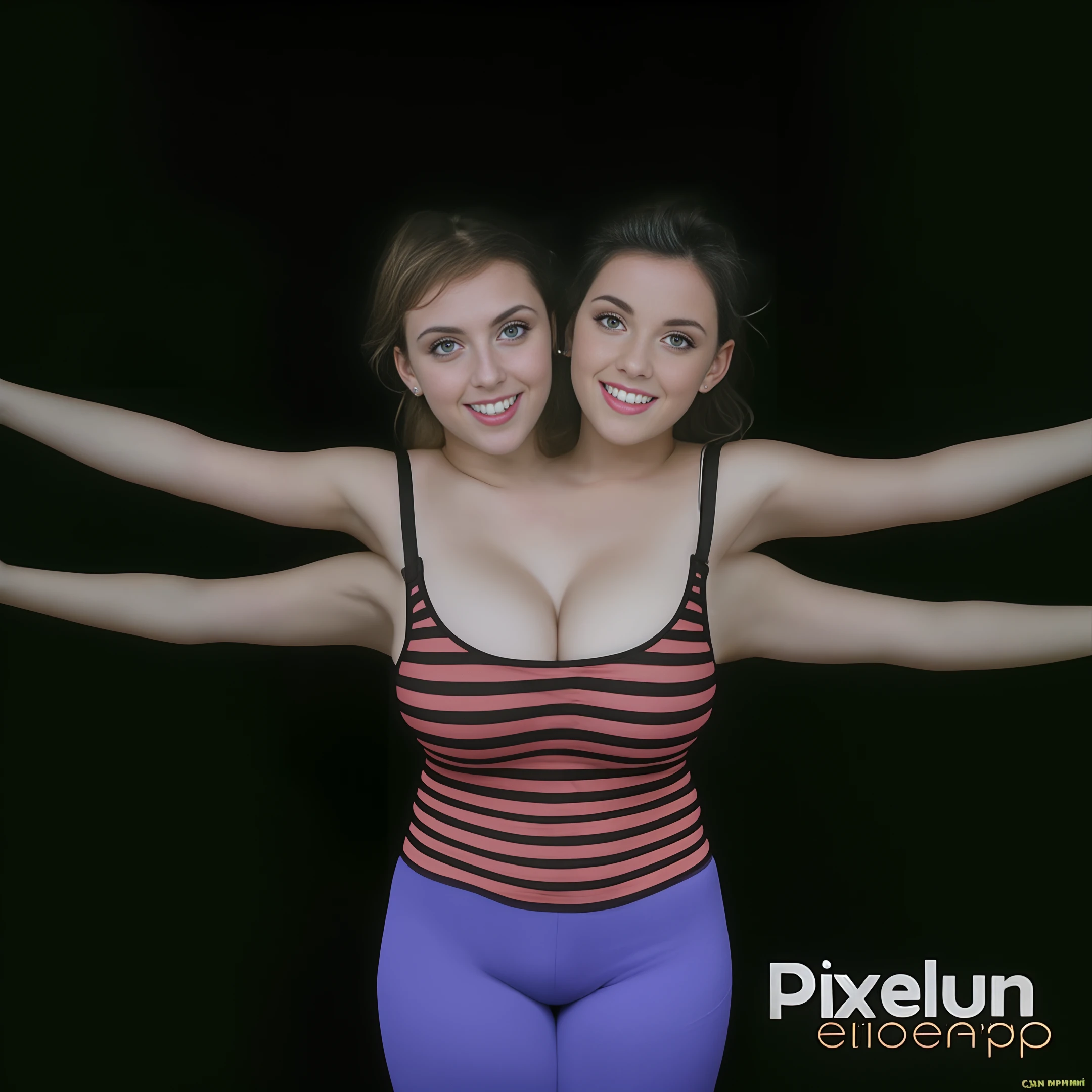 2heads, (extra arms:1.4), four arms, blond hair, curly hair, (green eyes:1.5), smiling, 21 years old, american, lighter skin, smooth skin, curvy arms, four armpits, second pair of arms attached under first pair, top armpits attach to lower shoulders smoothly, identical faces, RAW photo, there are two women posing for a picture in a black background, beautiful gemini twins portrait, modeling for dulce and gabanna, upper body face shot, pose(arms up + happy), frontal pose, conjoined twins, middle body shot, beautiful highly symmetric faces, symmetrical pose, posing together in bra, posing with open arms, beautiful gemini twins, (high detailed skin:1.2), 8k uhd, dslr, soft lighting, high quality, film grain, Fujifilm XT3