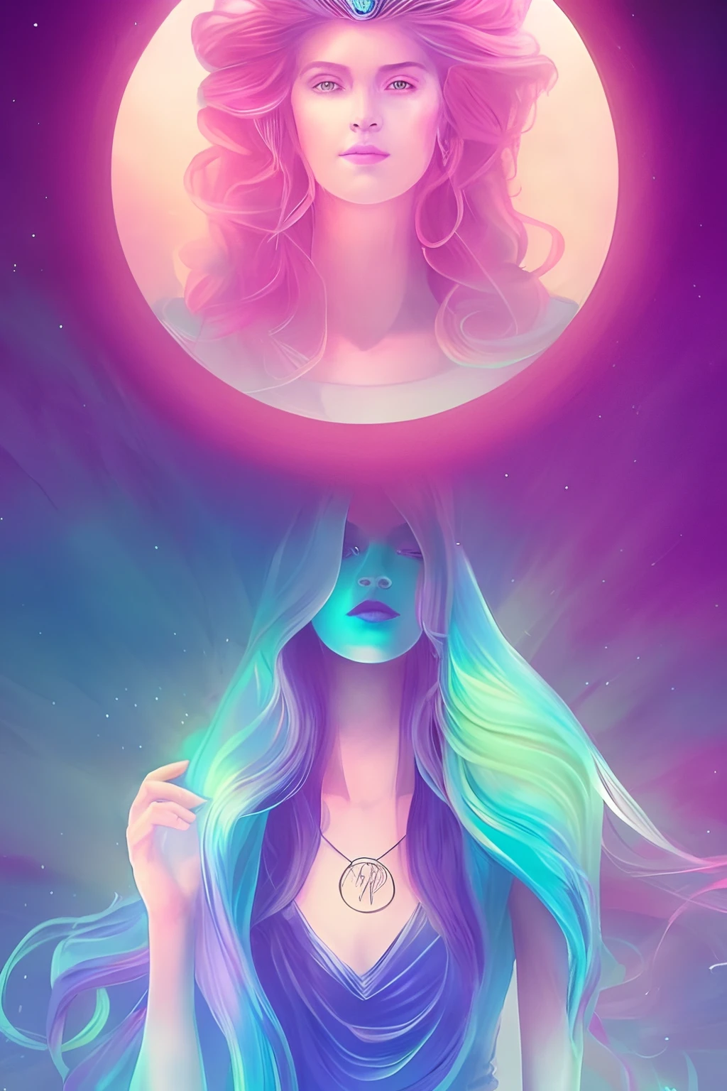 Tarot style, 1girl, male_focus, collarbone, portrait, digital illustration, flowing hair, glowing rainbow hair, night, pastel, looking at camera, looking_at_viewer, ring lighting, edge lighting, artstation trend, wlop, dsktaro1
