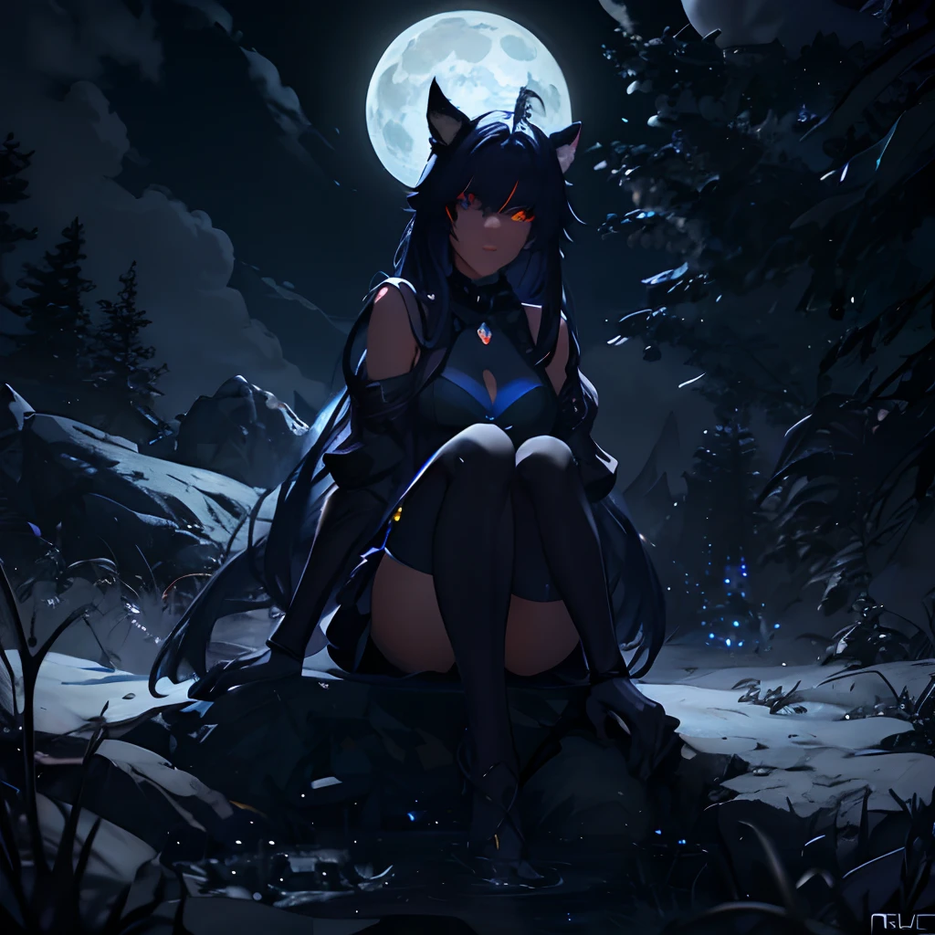 Blue Moon, Night Sky, Beautiful Female Werewolf, Mid-Length Hair, glowing orange eyes, realisitic, highly detailed, Unreal Engine, 8k