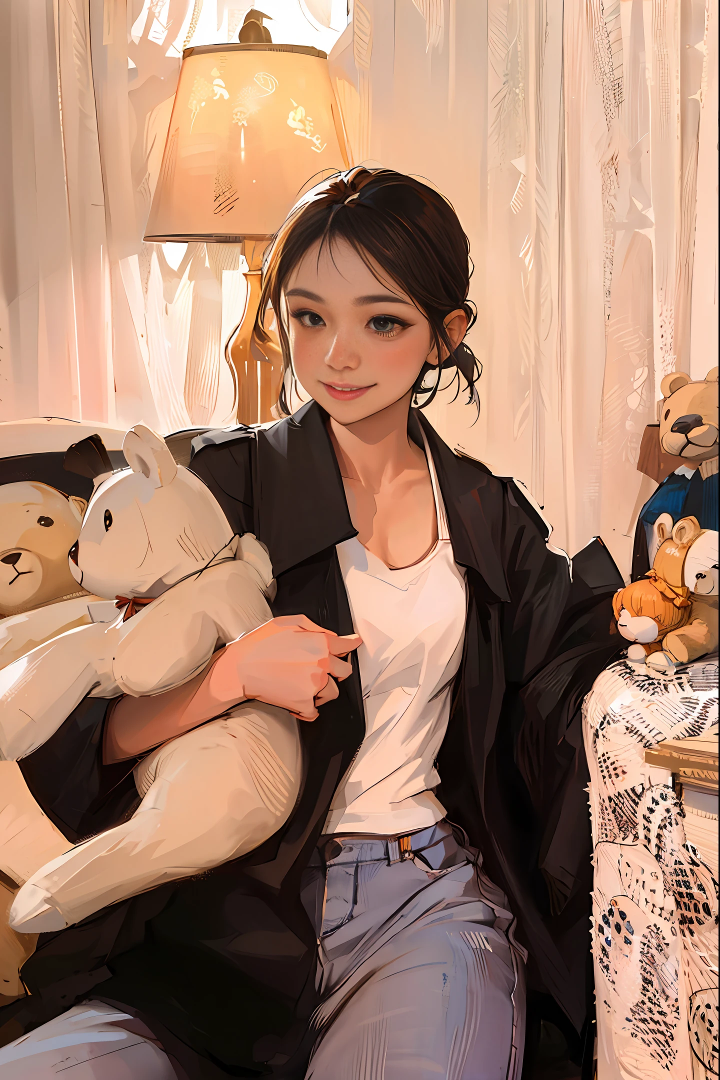 There is a woman sitting on a couch with a teddy bear, woman hugging more toys, facing the viewer, smiling, no bangs,