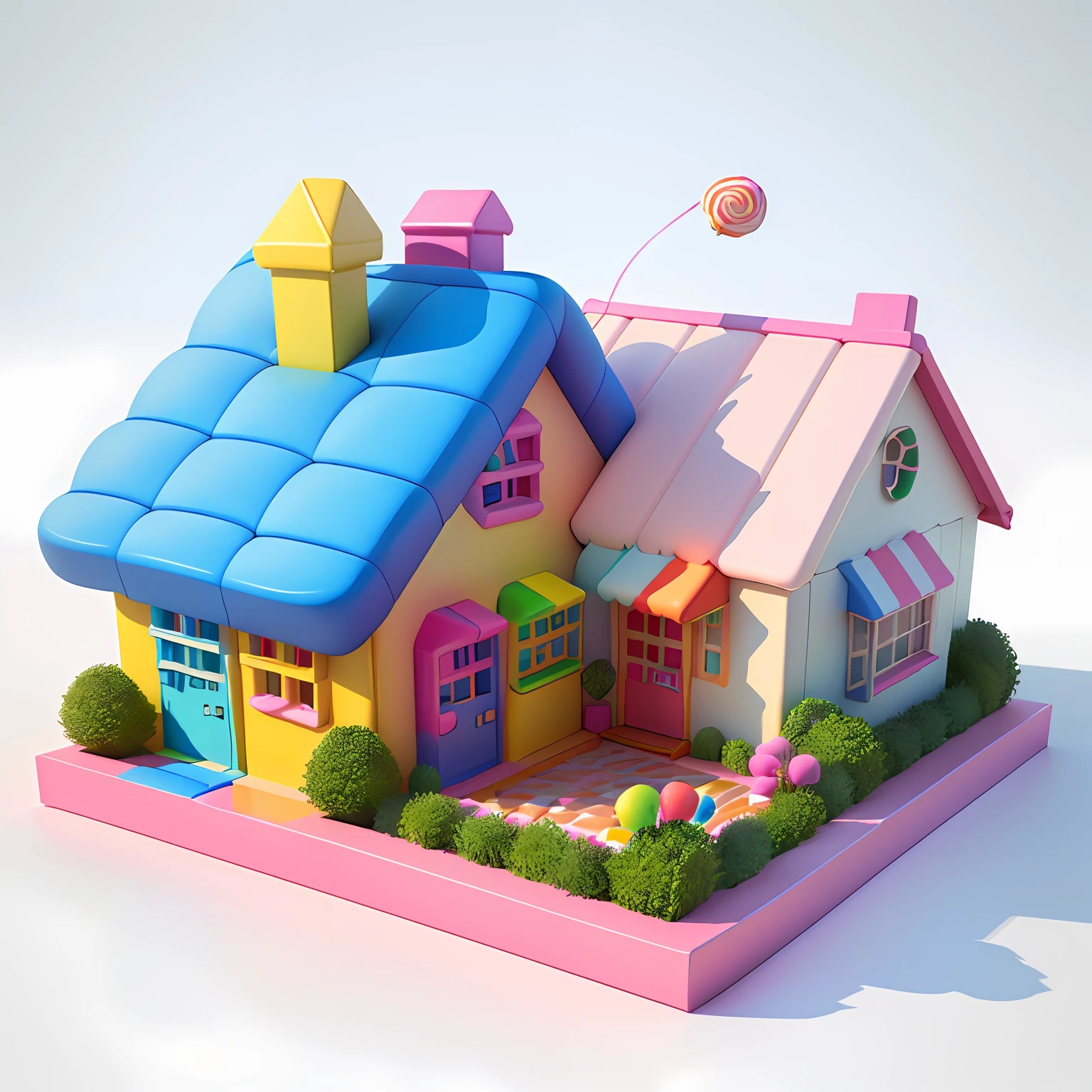 isometric house, (top-down 45-degree perspective), cartoon, candy house, colorful balloons, cute building, huge candy-like signboard, amusement park, blank background, clear structure, correct light and shadow, 3D rendering