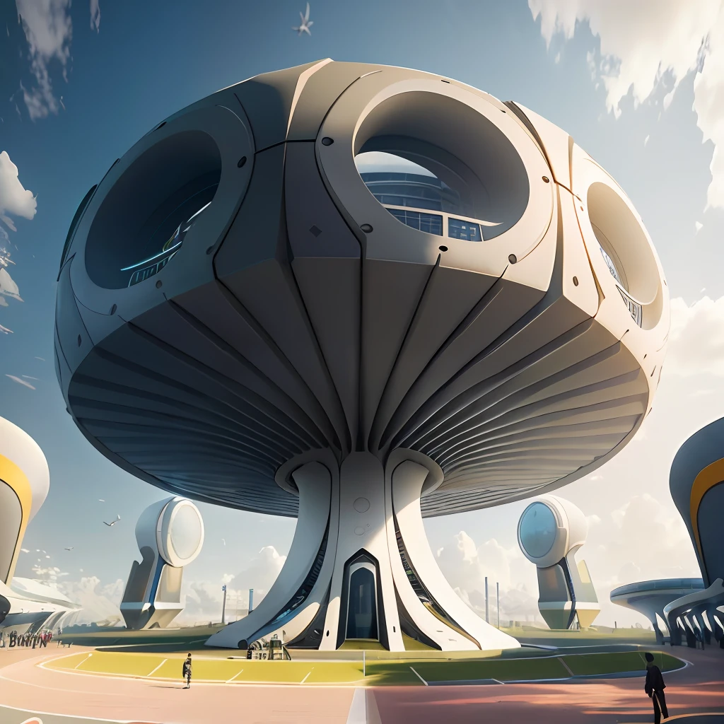 futuristic architecture visualization, large playground, Avant-garde design, futuristic design, afternoon, UE5 rendered, ray tracing rendered, intricate, highly detailed, 8K, HDR, highest quality, sharp focus, photorealism