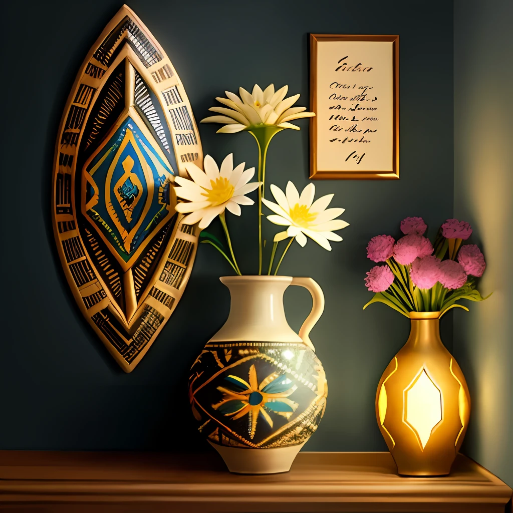 Best quality African wall decoration, intricate detail, soft lighting, flower vase, inlay and writing on the wall