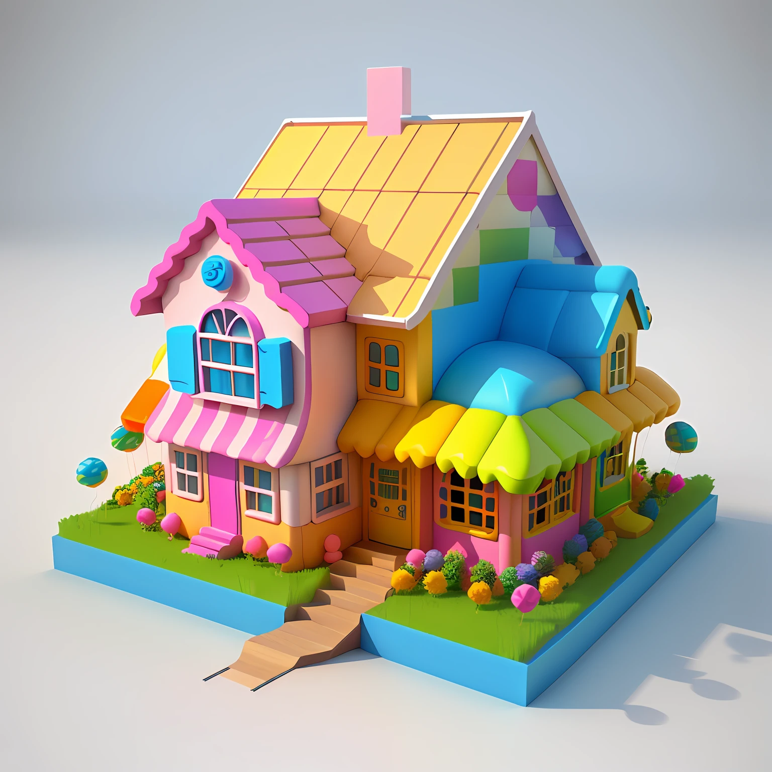 isometric house, (top-down 45-degree perspective), cartoon, candy house, colorful balloons, cute building, huge candy-like signboard, amusement park, blank background, clear structure, correct light and shadow, 3D rendering