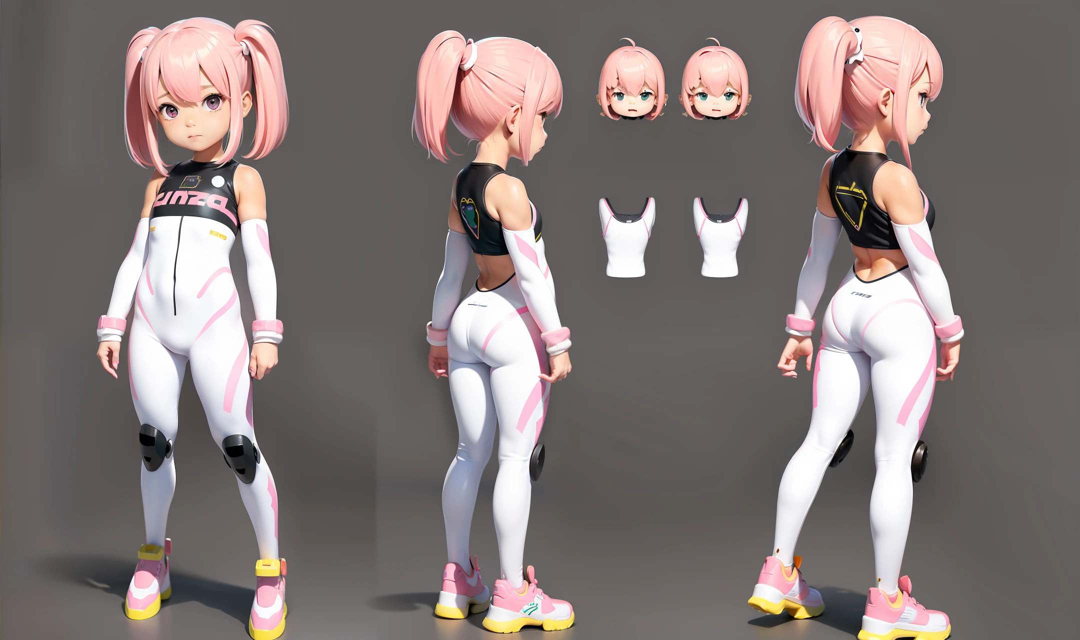 (same task, front, side, back), simple background!, (full body) little girl, pink hair, cute hairstyle, stepping on a skateboard, mecha suit