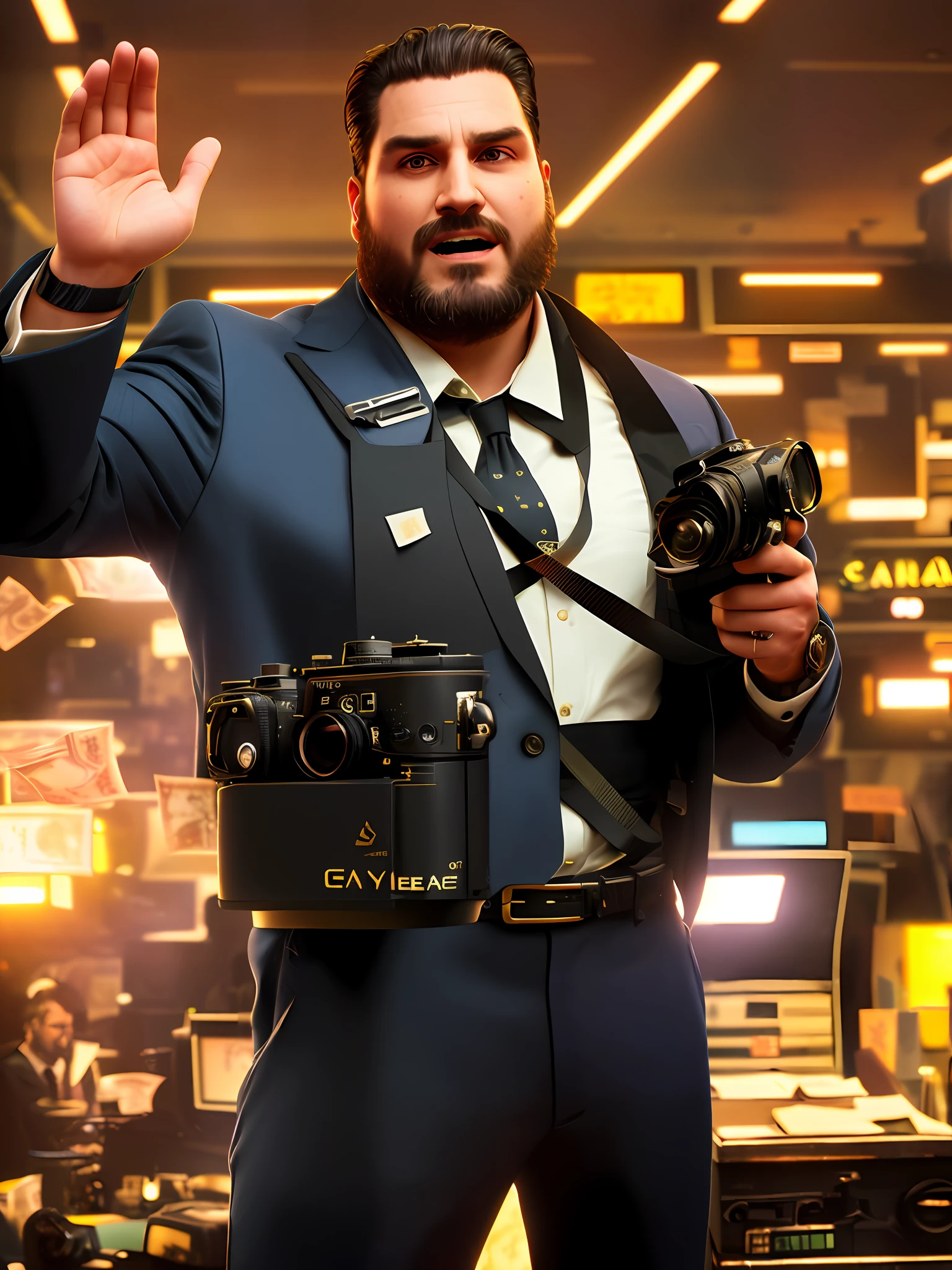 waist-length photo, fat capitalist, European appearance, waving, ((hello)), ((a lot of photographic equipment in the background)) hello, waving money, ((camera hanging around his neck)) disgusting, (disgusting) ), bad person , (villain), terrifying, (welcome)), natural skin texture, 4k texture, hdr, complex focus, high detail, cinematic look, hyperimage detail, great facial anatomy, camera view, thicker, thicker, thicker, cinematic lighting , &quot;money way&quot; (((money))) modern photographic equipment, money in the foreground and background