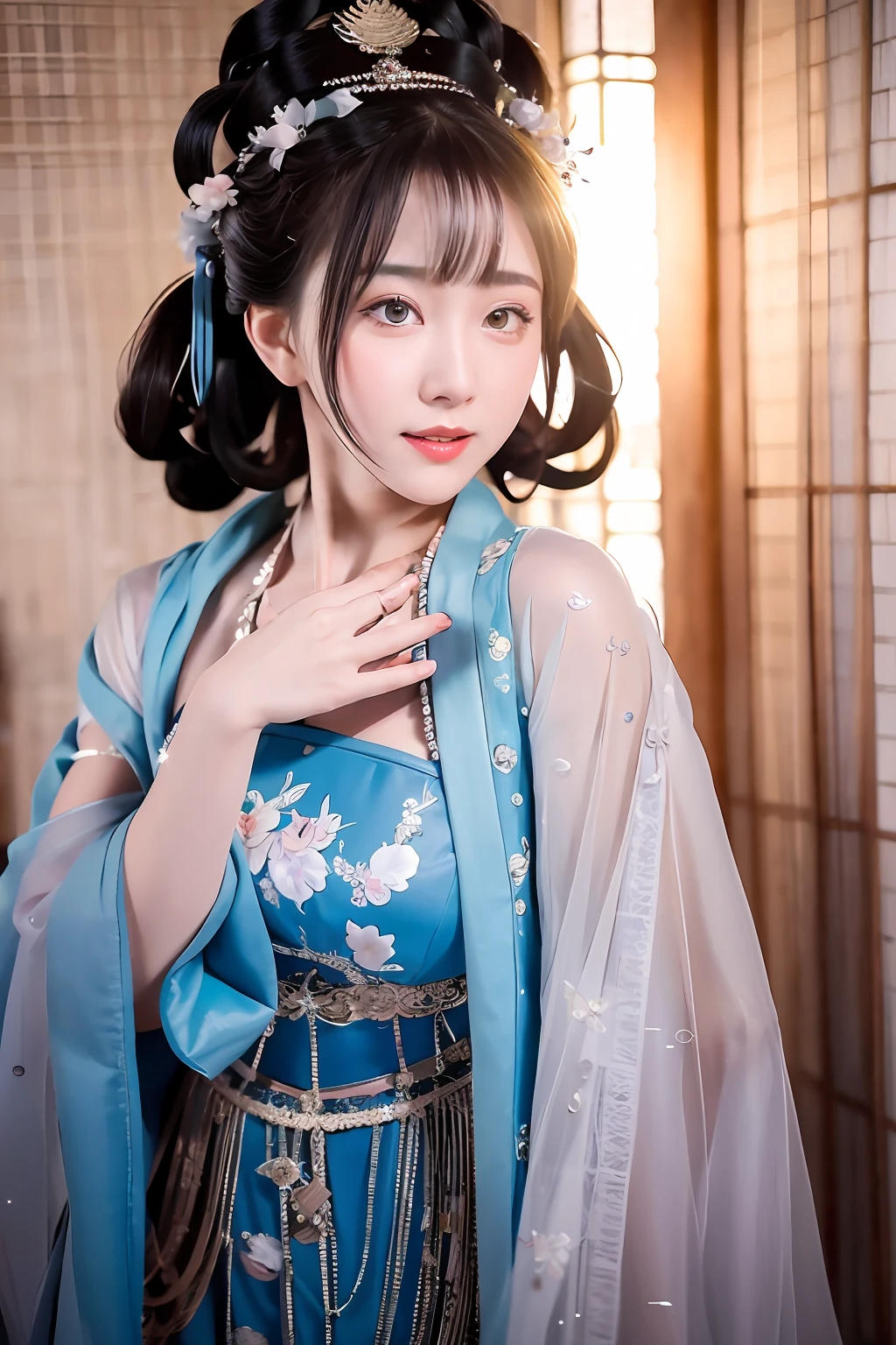 ulzzang-6500-v1.1, (raw photo: 1.2), (photorealistic: 1.4)) best quality, beautiful, beautiful, beautiful, extremely detailed, CG, unity,8k amazing wallpaper, beautiful detail, masterpiece, best quality, official art, very detailed CG unity 8k wallpaper, ridiculous, unbelievably ridiculous, huge file size, super detailed, high resolution, very detailed, beautiful detailed girl, very detailed eyes and face, beautiful detailed eyes, movie lighting, 1 girl, perspective, looking at the audience, full body, full body photo, outdoors, hands behind your back, (Hanfu)